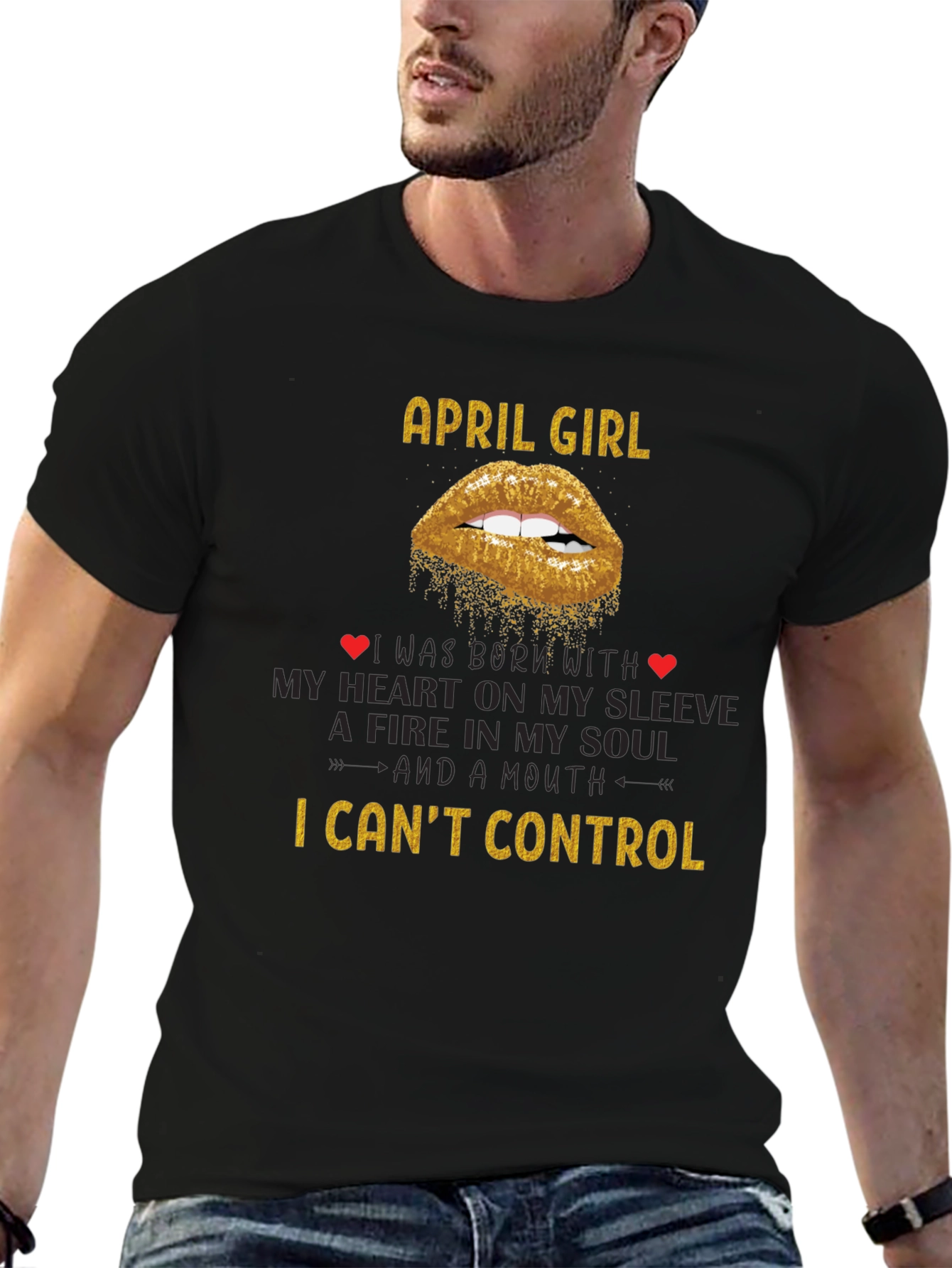 April Girl T-Shirt - Gold Glitter Lips Design