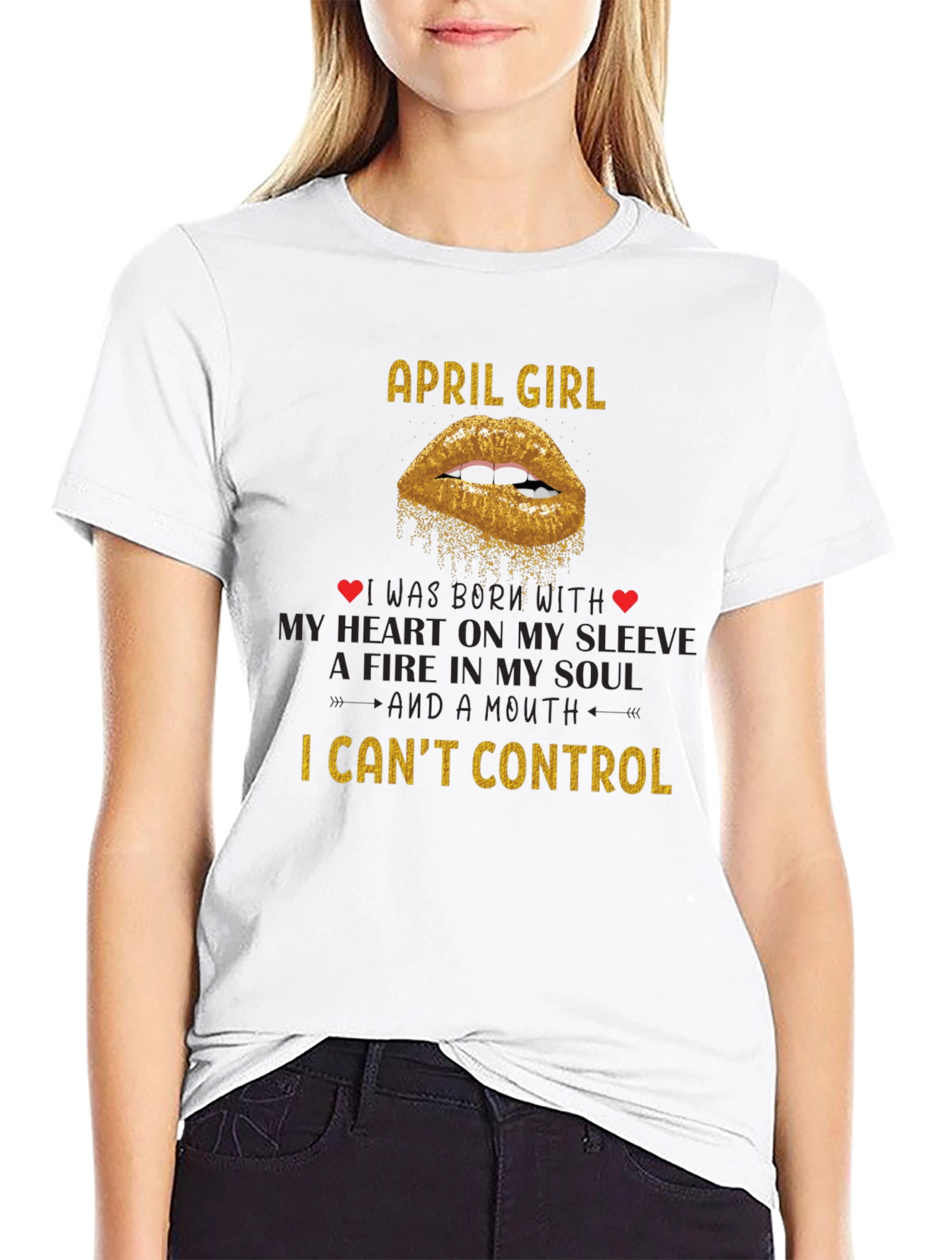 April Girl T-Shirt - Gold Glitter Lips Design