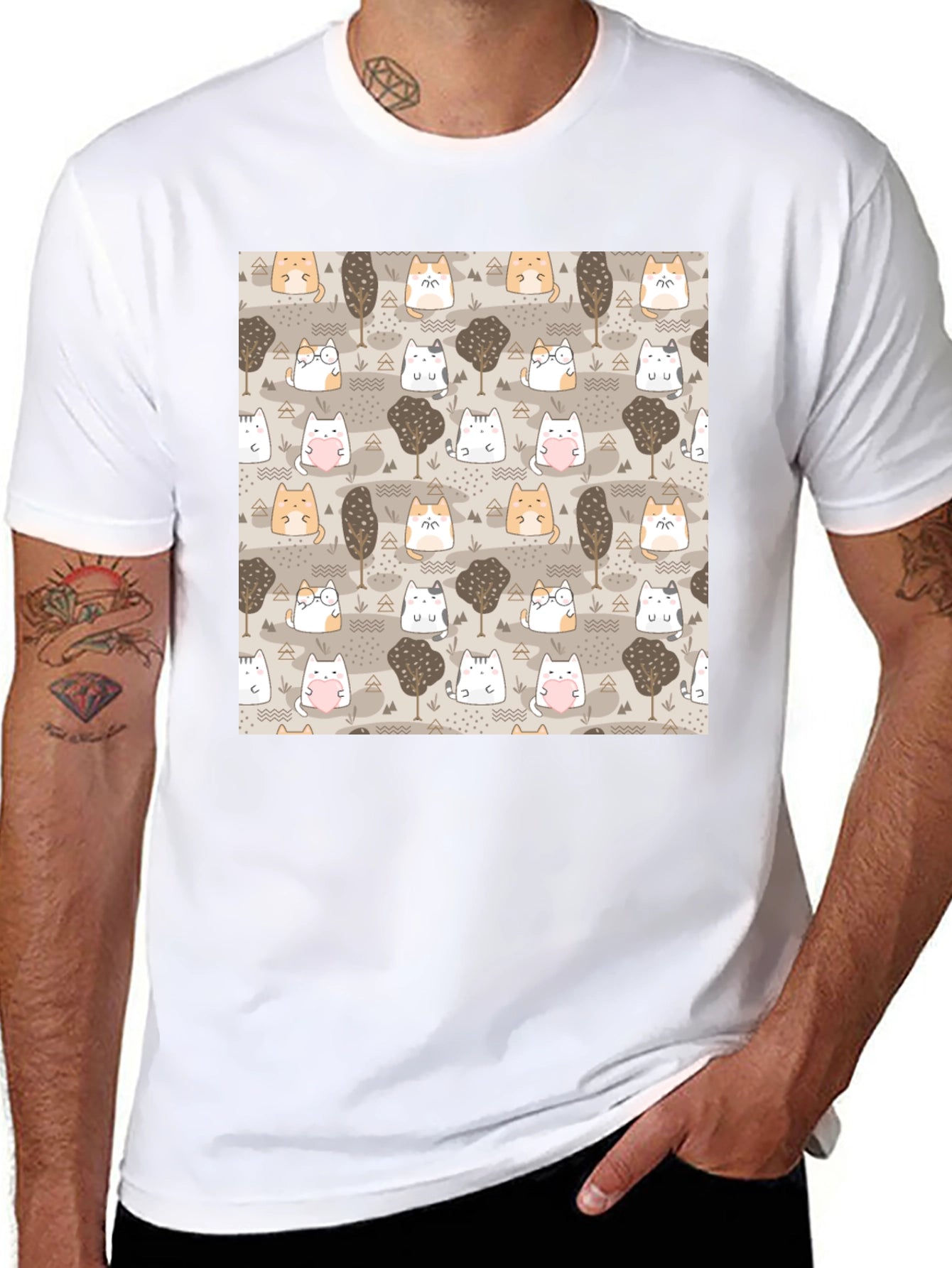 Kawaii Cats & Trees Pattern T-Shirt