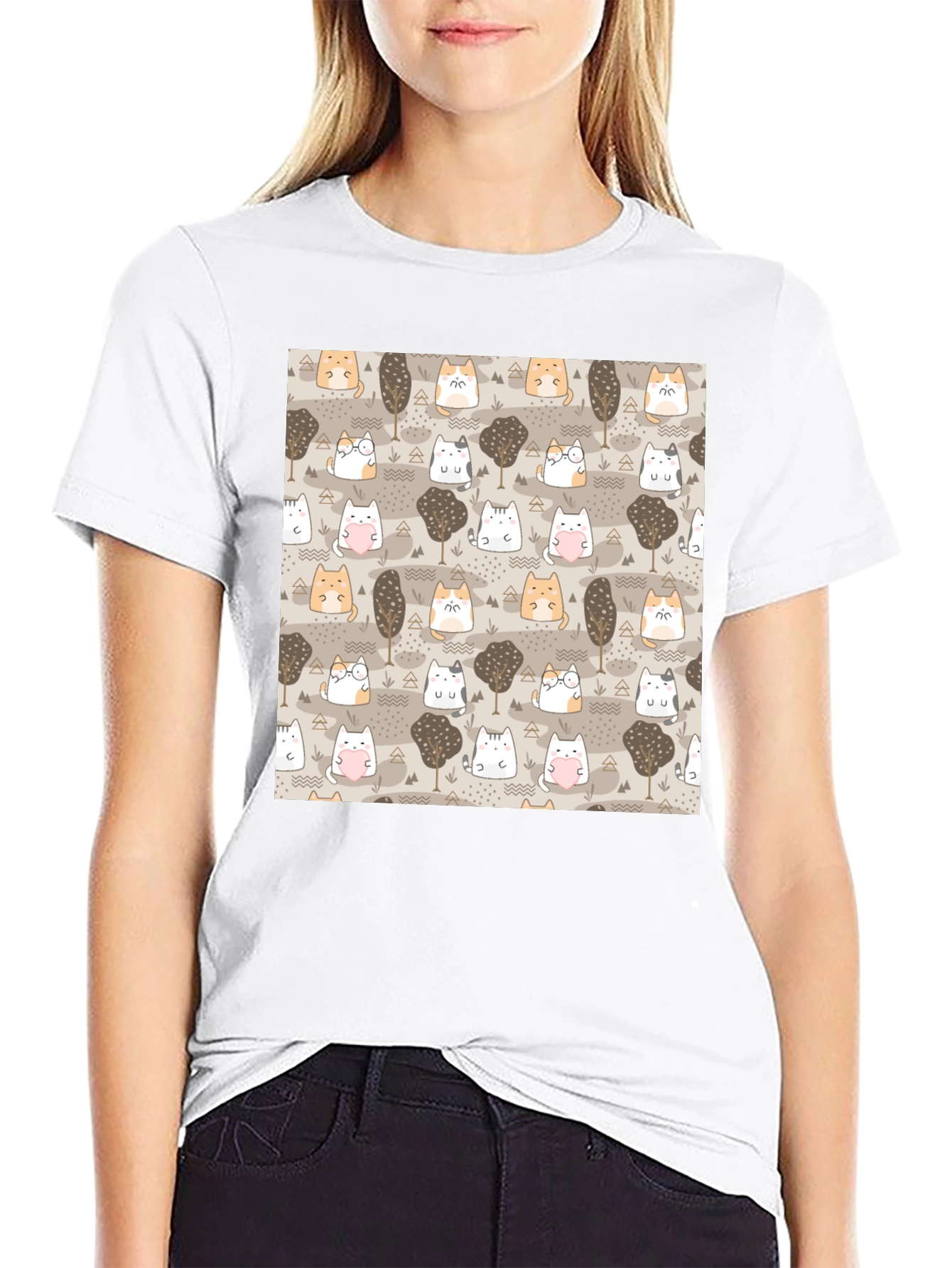 Kawaii Cats & Trees Pattern T-Shirt