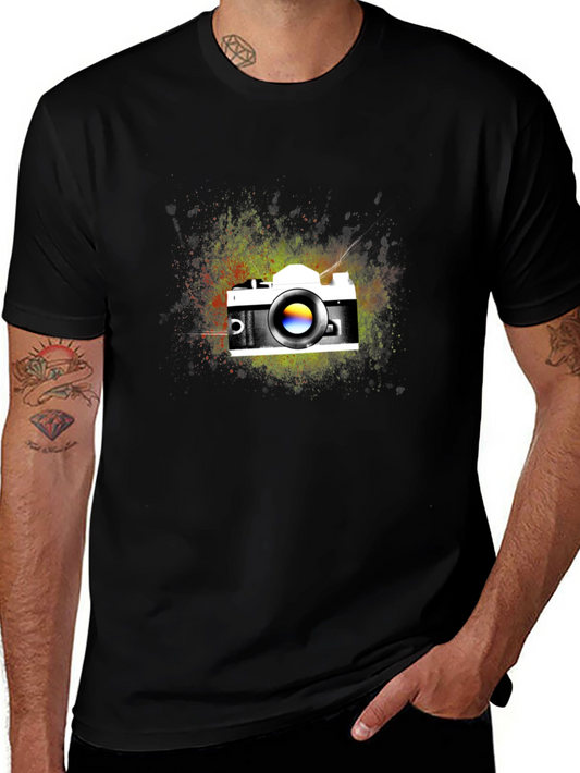 Vintage Camera Graphic Tee - Black Cotton Blend T-Shirt