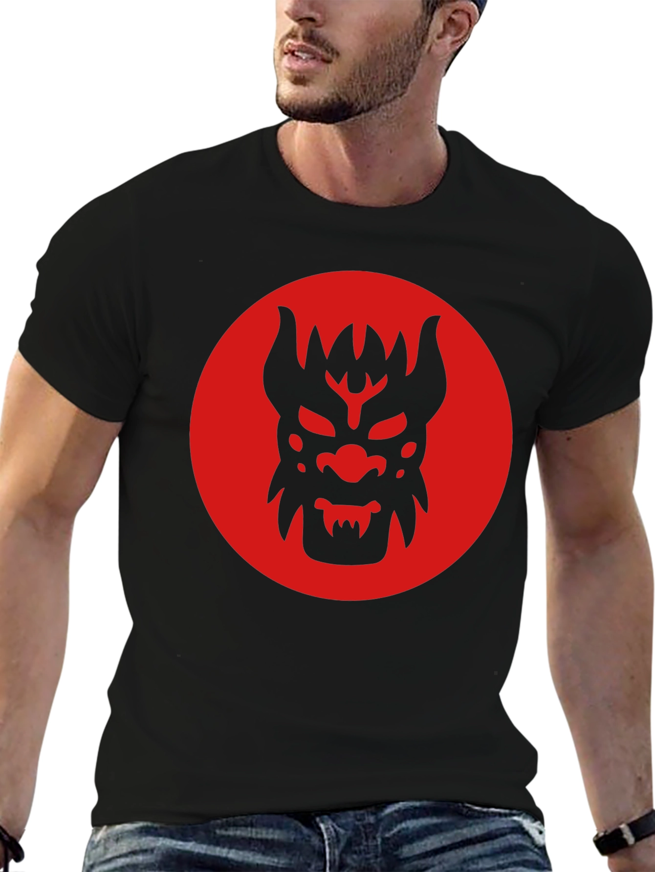 Black T-Shirt with Red Oni Mask Design