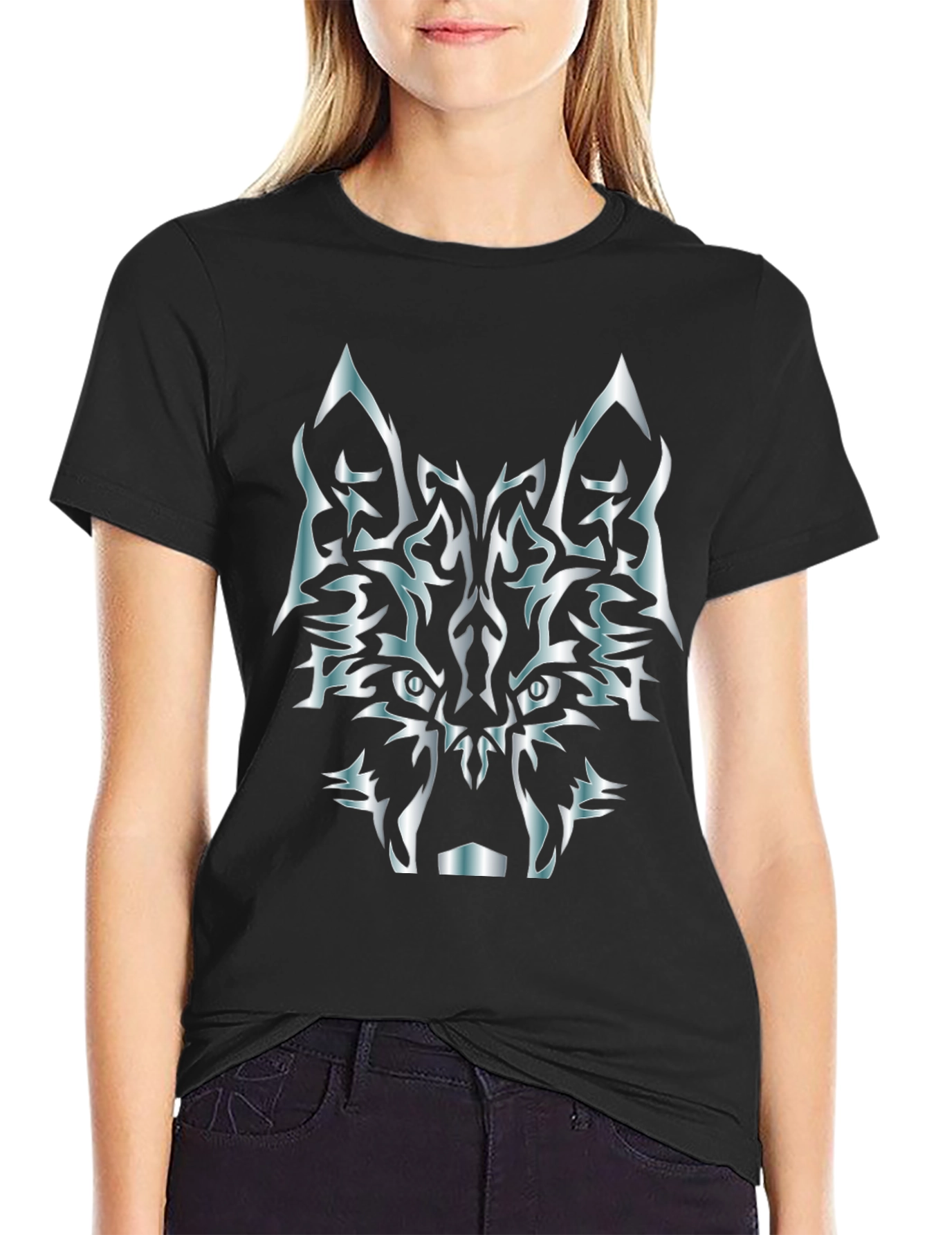 Tribal Wolf Graphic T-Shirt - Black