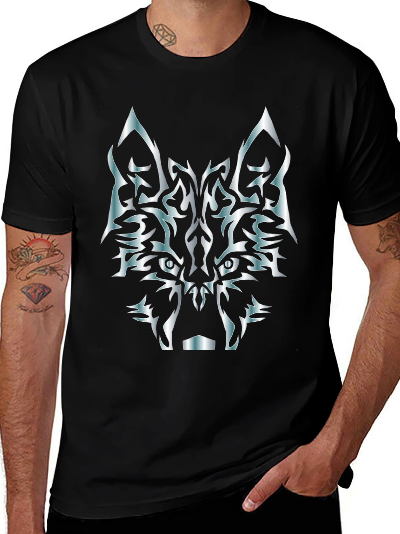 Tribal Wolf Graphic T-Shirt - Black