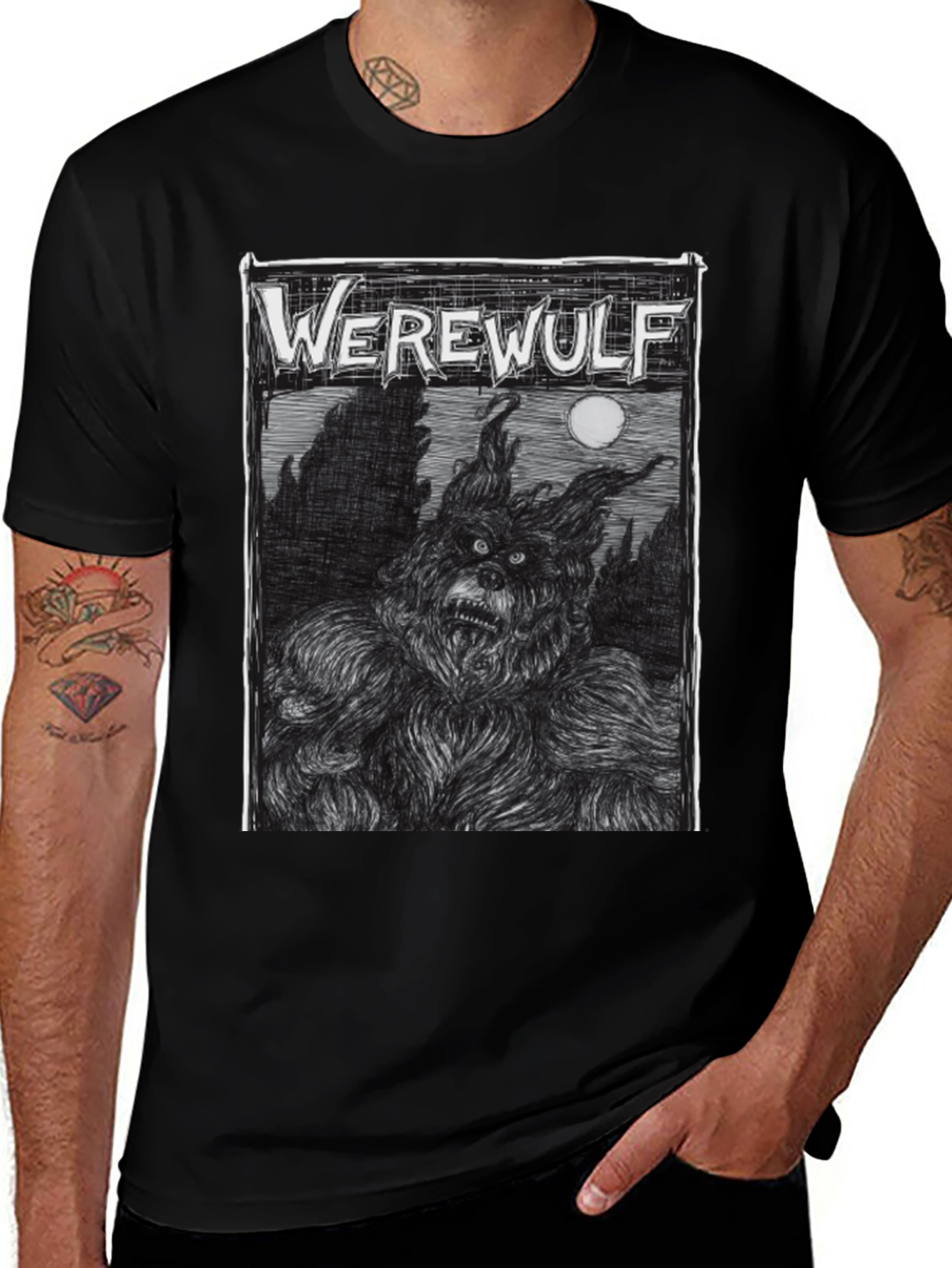 Werewolf Graphic Print Black T-Shirt