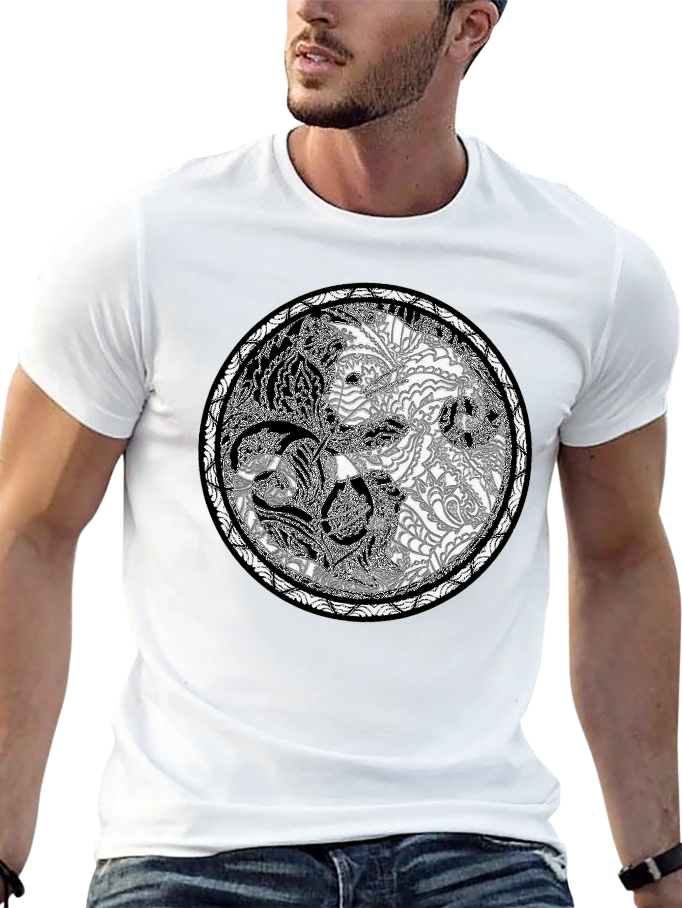 Yin Yang Tiger Print Crew Neck Tee