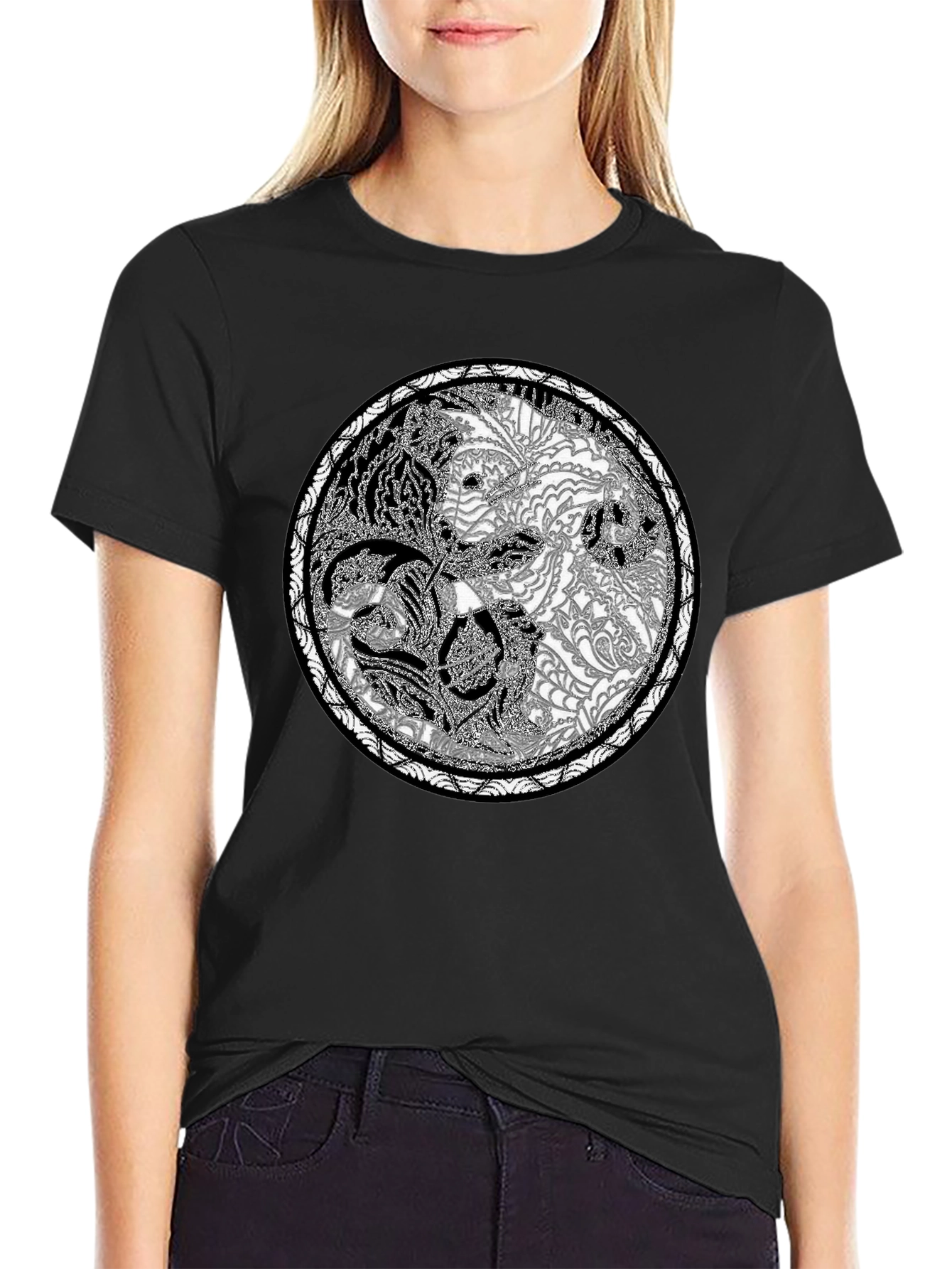 Yin Yang Tiger Print Crew Neck Tee