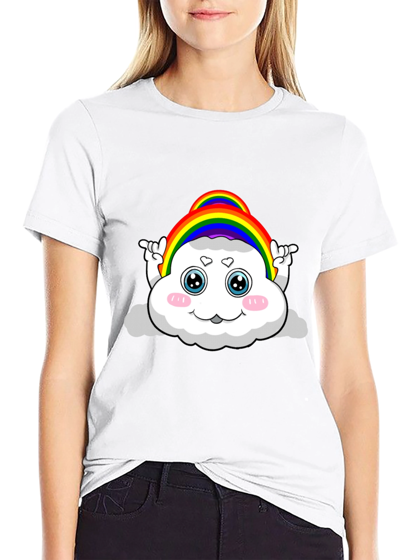Rainbow Cloud Cartoon Graphic Black Tee