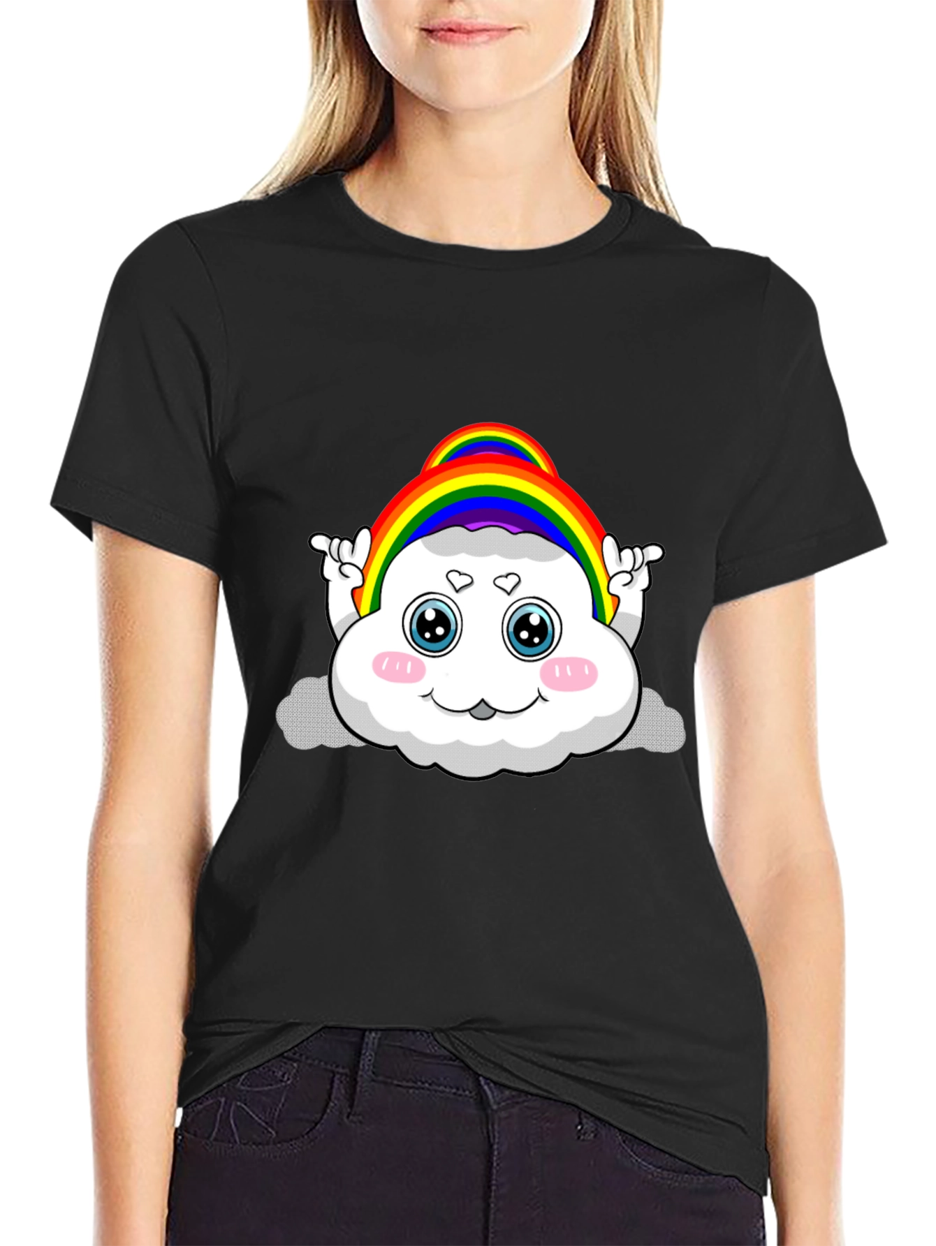 Rainbow Cloud Cartoon Graphic Black Tee