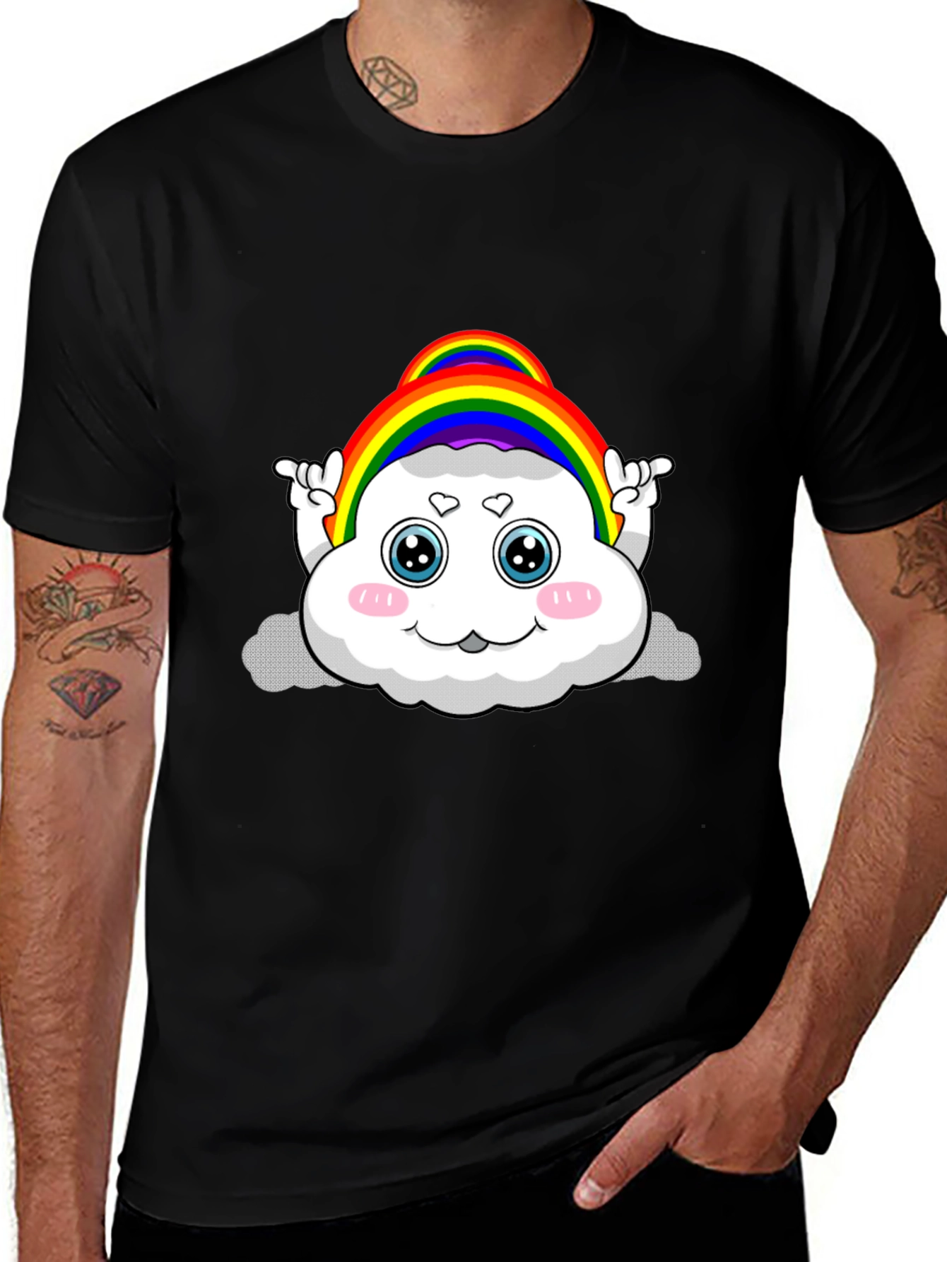 Rainbow Cloud Cartoon Graphic Black Tee