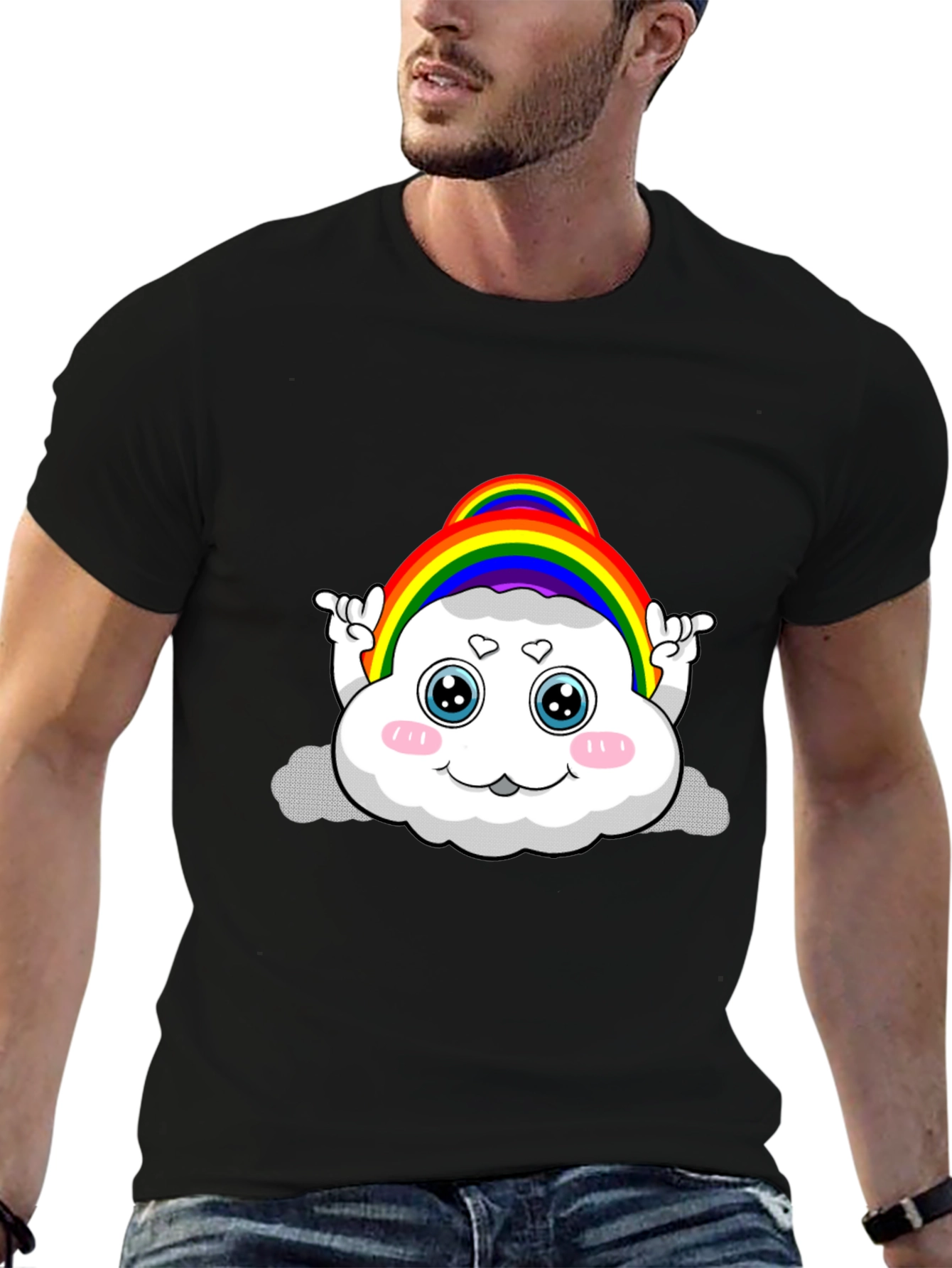 Rainbow Cloud Cartoon Graphic Black Tee