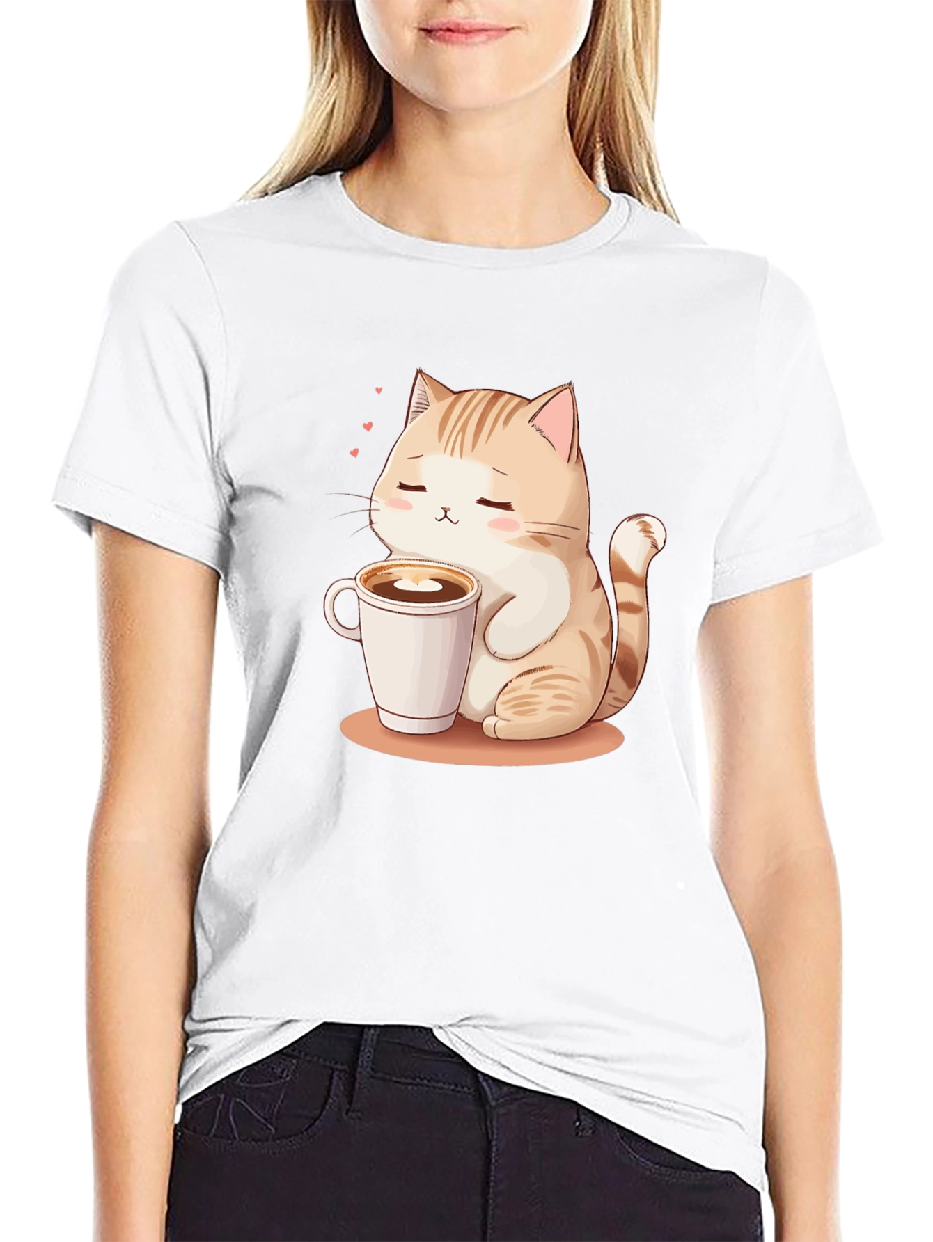 Cute Cat & Coffee Graphic Tee - Black