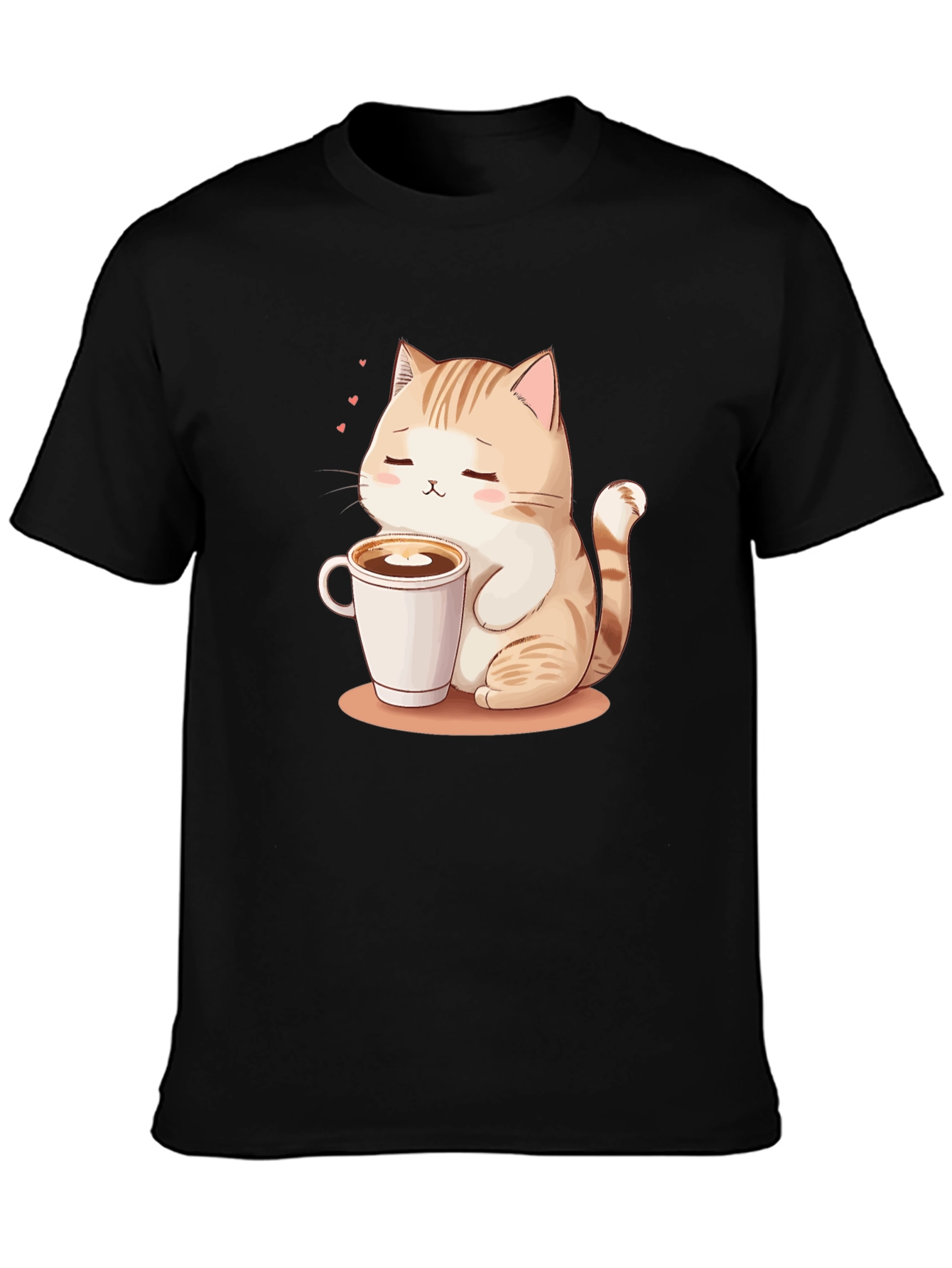 Cute Cat & Coffee Graphic Tee - Black