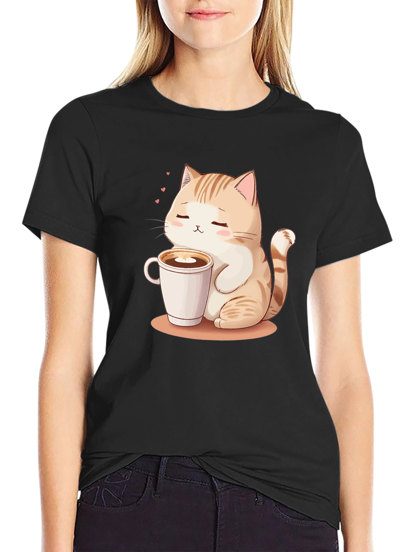 Cute Cat & Coffee Graphic Tee - Black