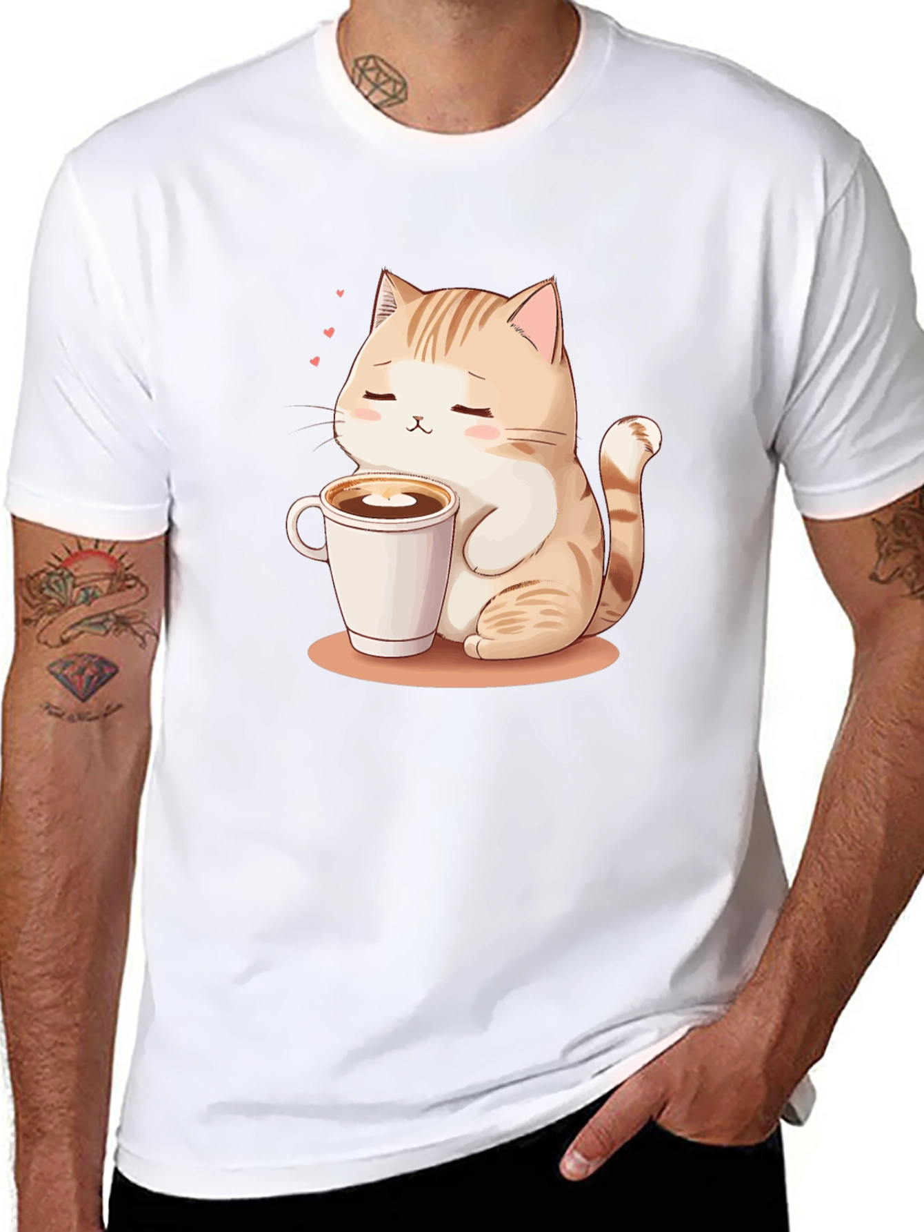Cute Cat & Coffee Graphic Tee - Black