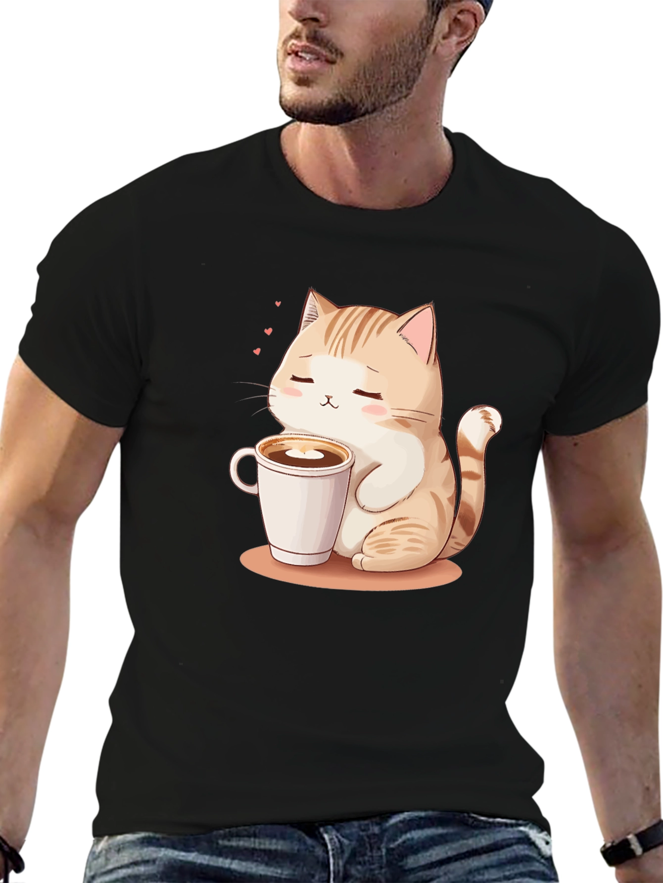 Cute Cat & Coffee Graphic Tee - Black