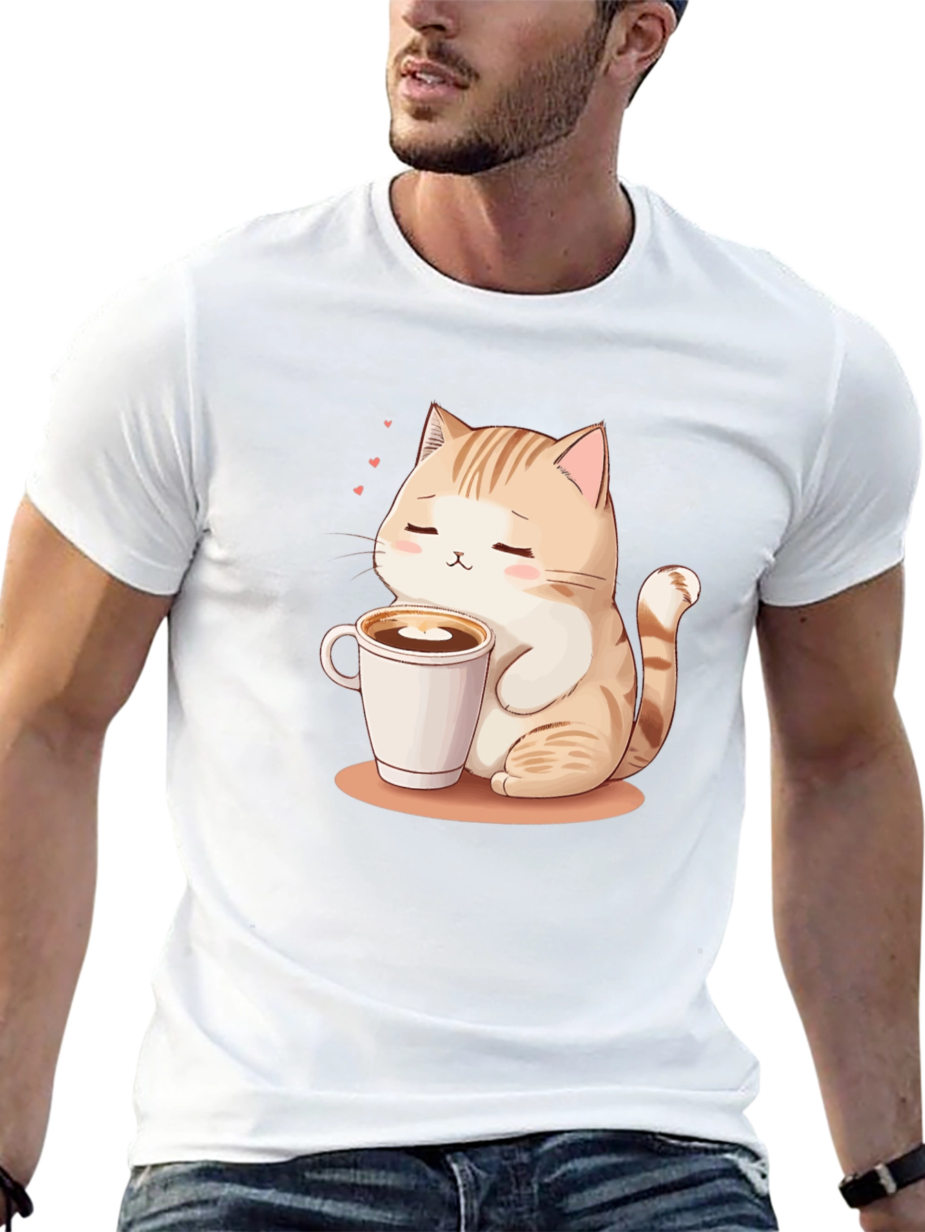 Cute Cat & Coffee Graphic Tee - Black