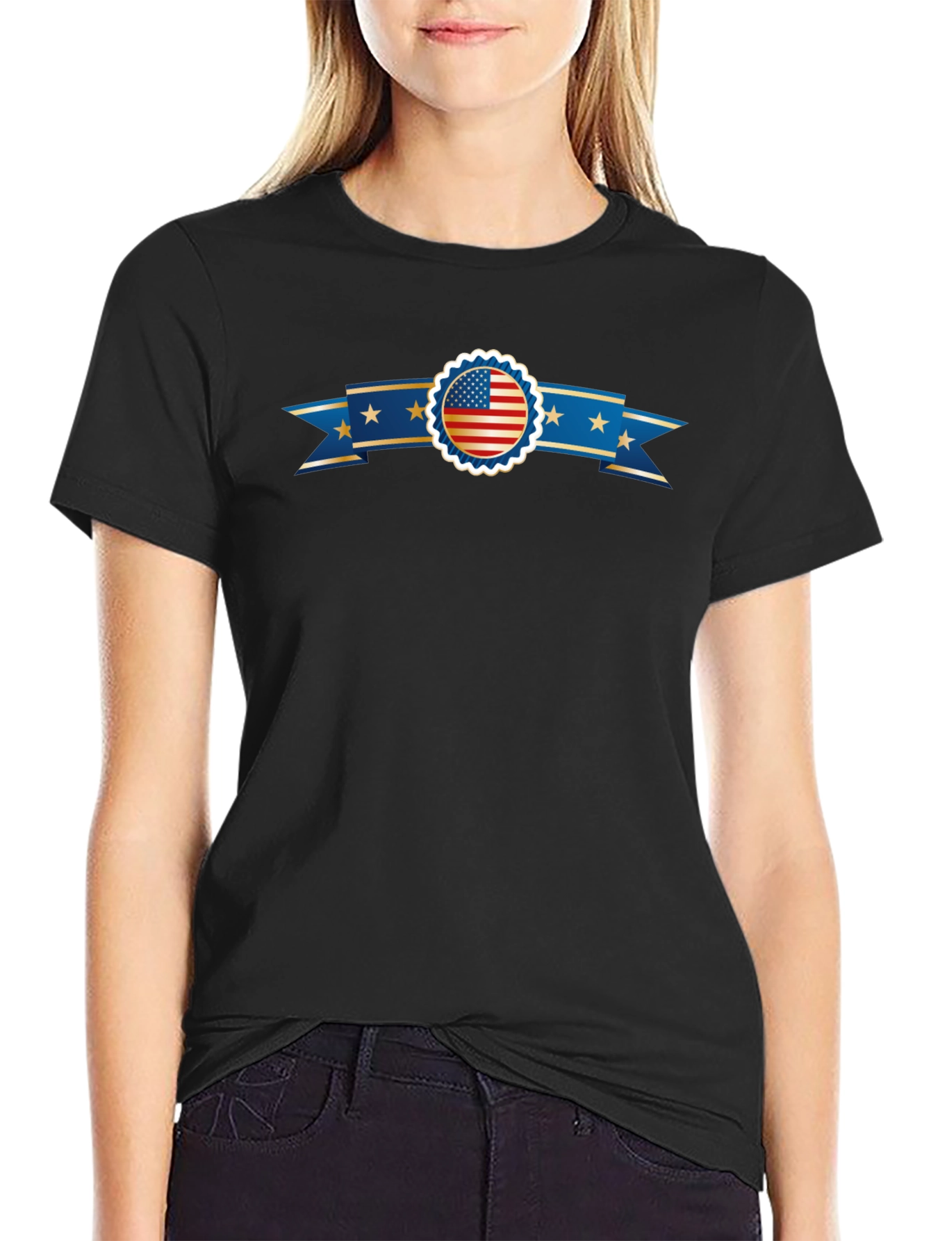American Flag Ribbon Graphic Black T-Shirt