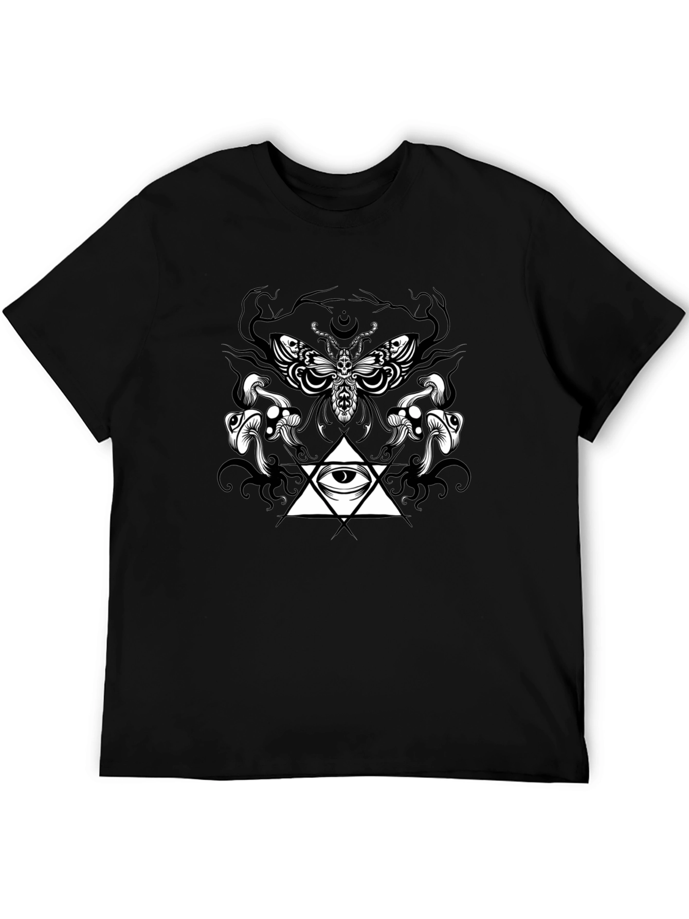 Moth Mushrooms & Eye Graphic Black T-Shirt