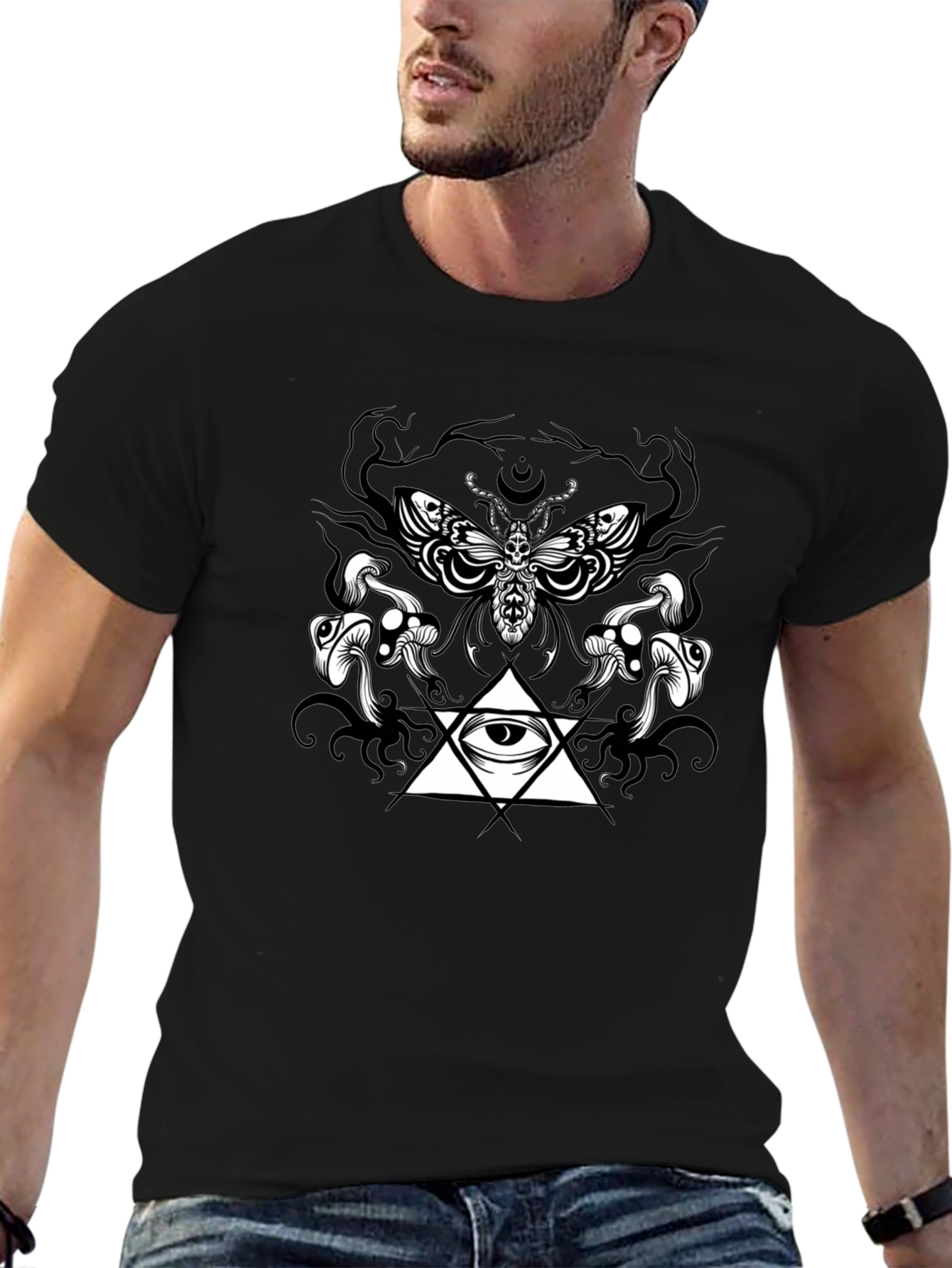 Moth Mushrooms & Eye Graphic Black T-Shirt