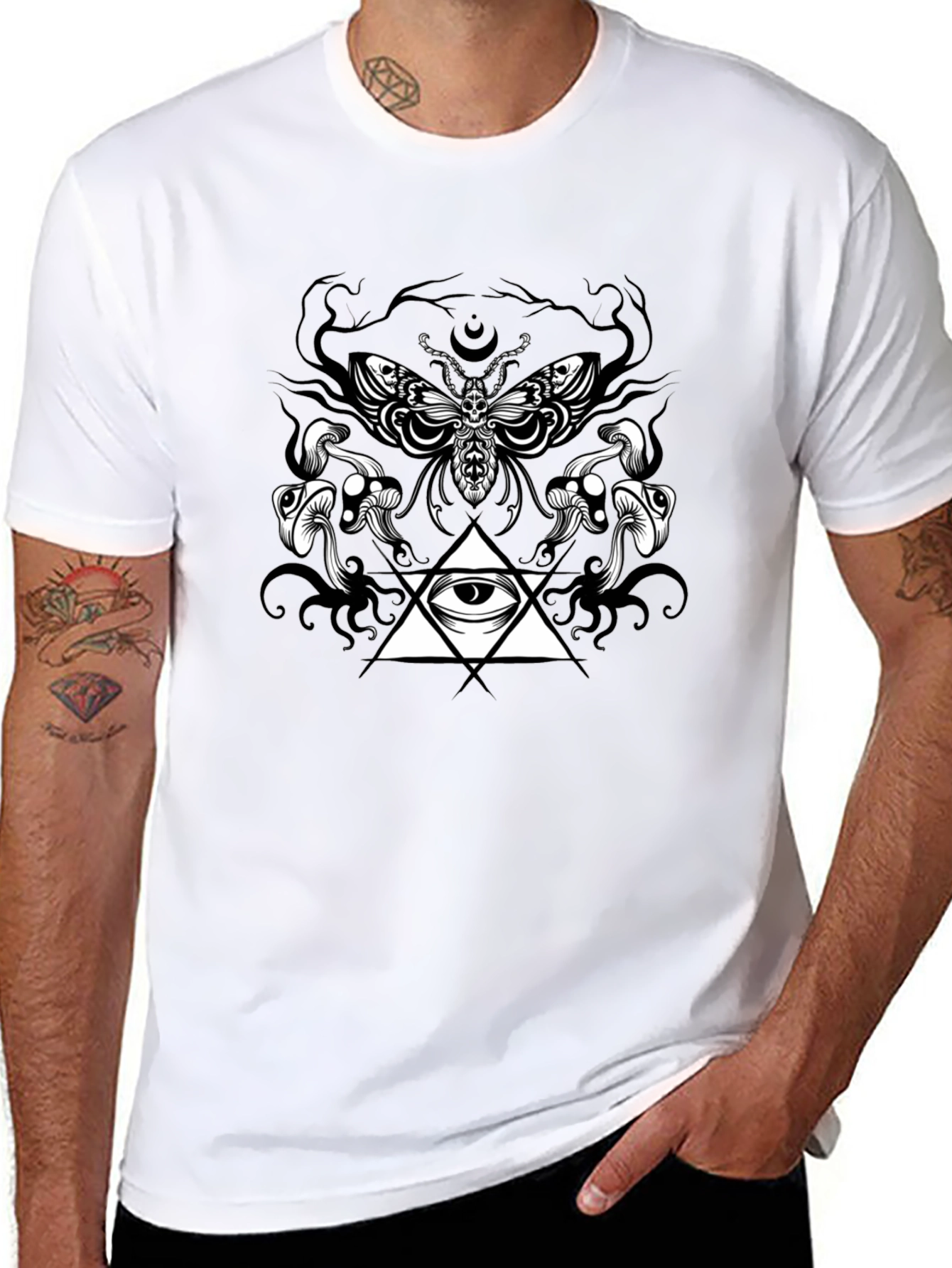 Moth Mushrooms & Eye Graphic Black T-Shirt