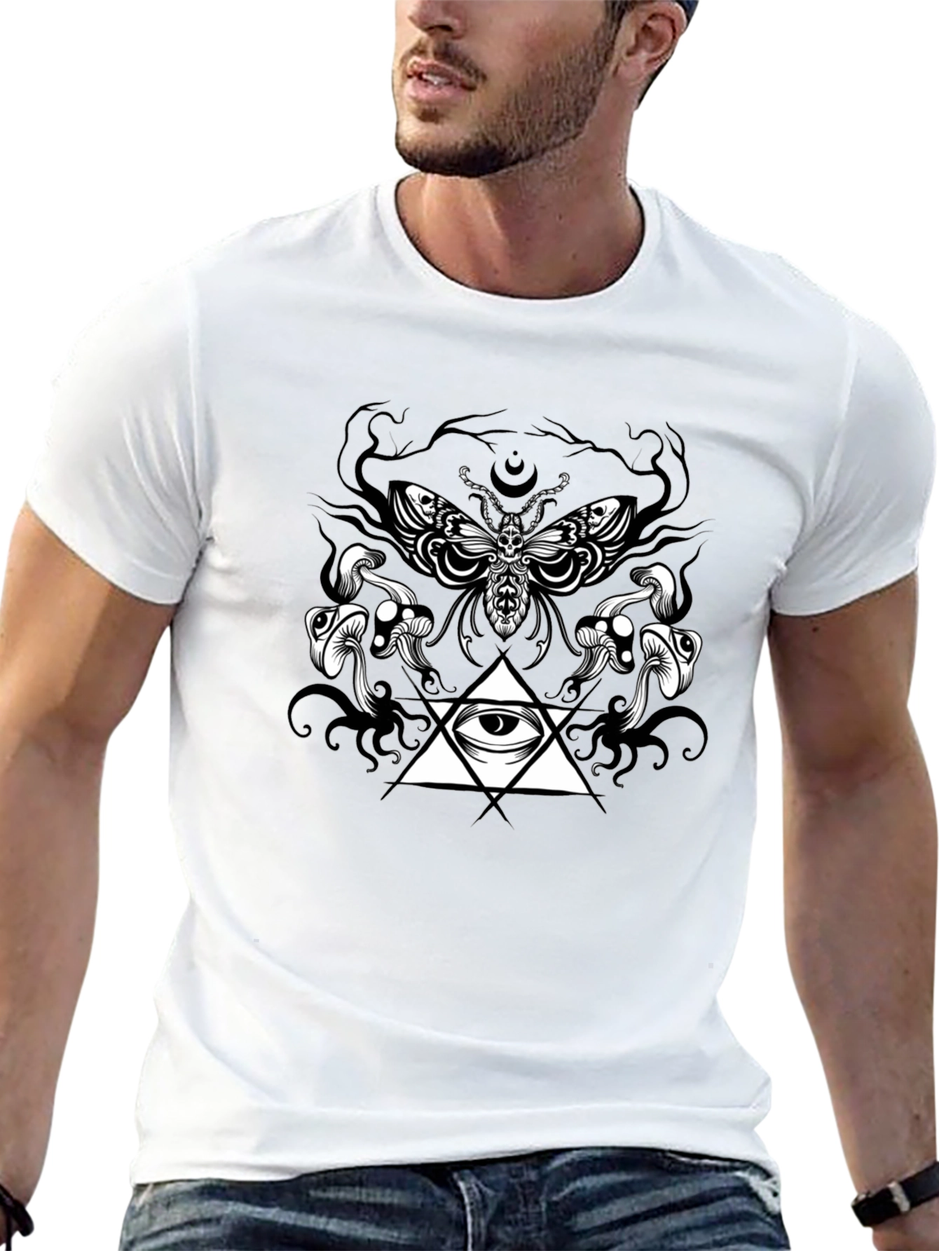 Moth Mushrooms & Eye Graphic Black T-Shirt