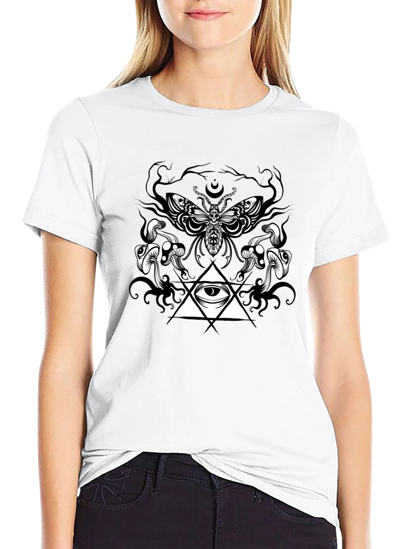 Moth Mushrooms & Eye Graphic Black T-Shirt