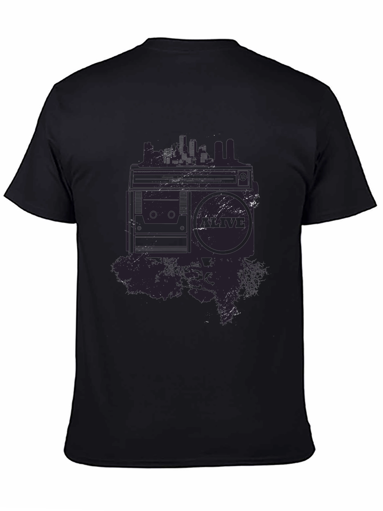 Retro Boombox Cityscape Graphic Tee - Black