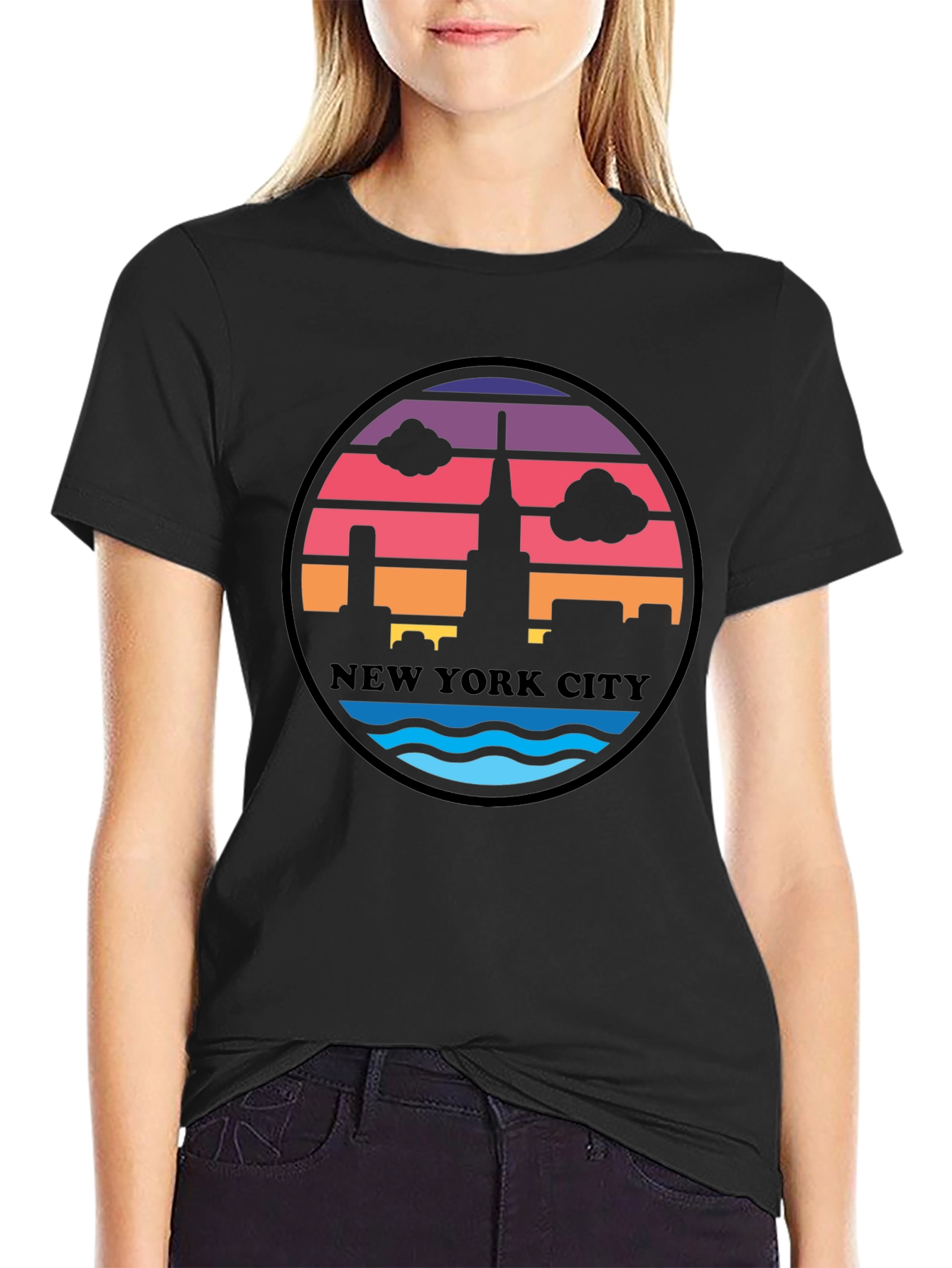 Retro New York City Skyline Black T-Shirt