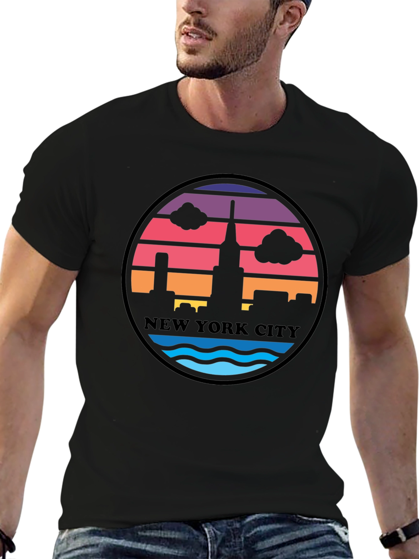 Retro New York City Skyline Black T-Shirt
