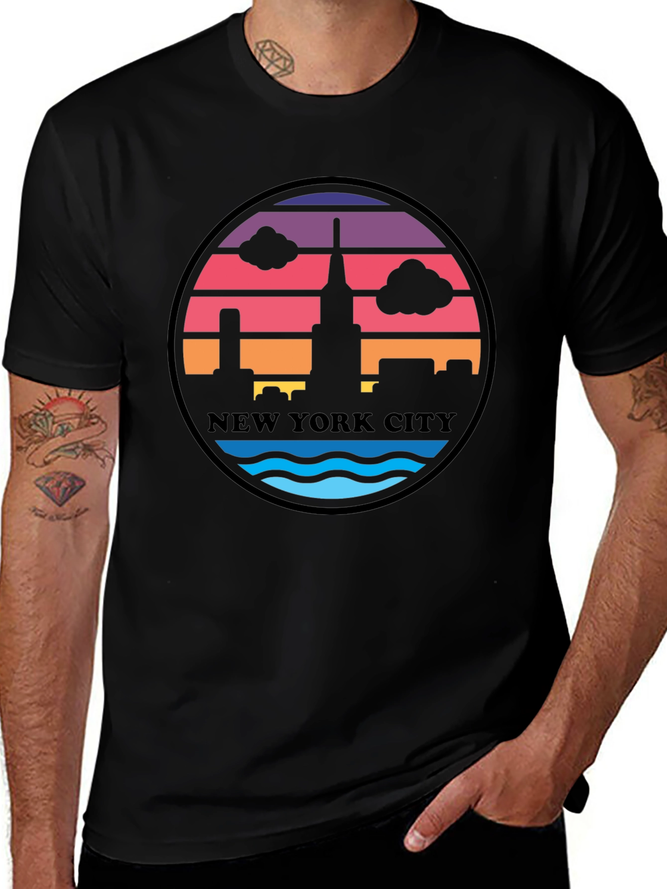Retro New York City Skyline Black T-Shirt
