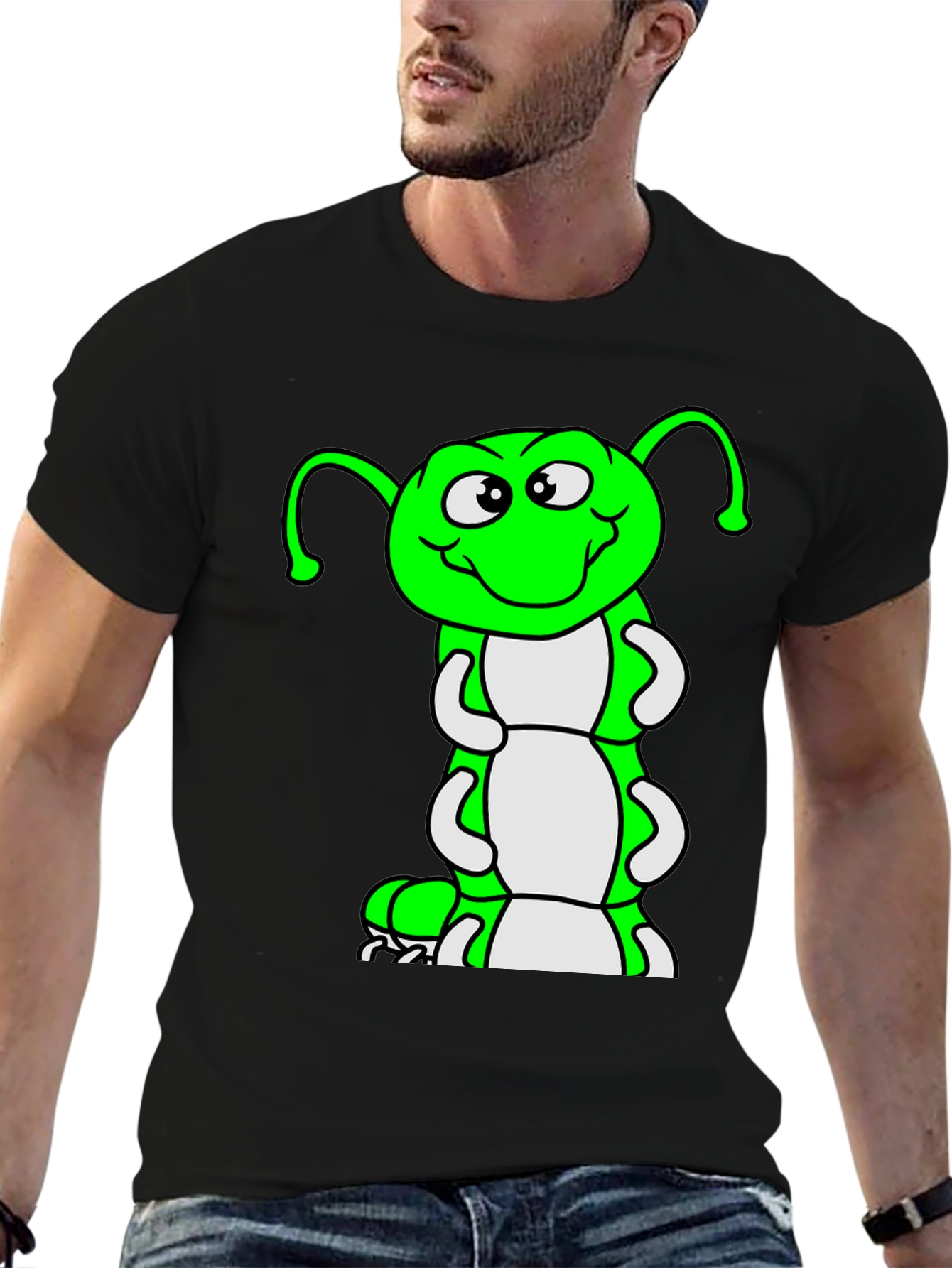 Cartoon Caterpillar Black T-Shirt