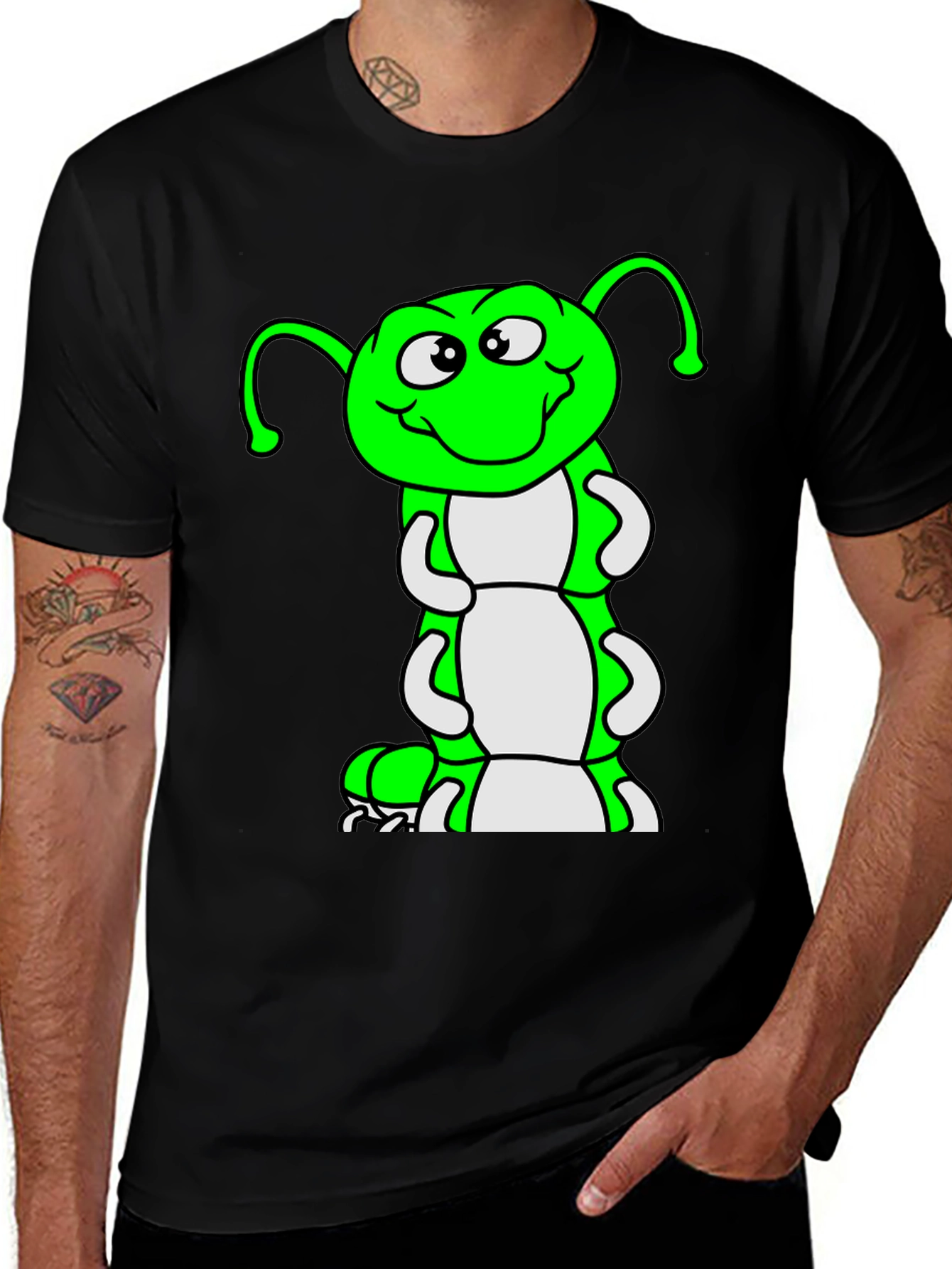 Cartoon Caterpillar Black T-Shirt