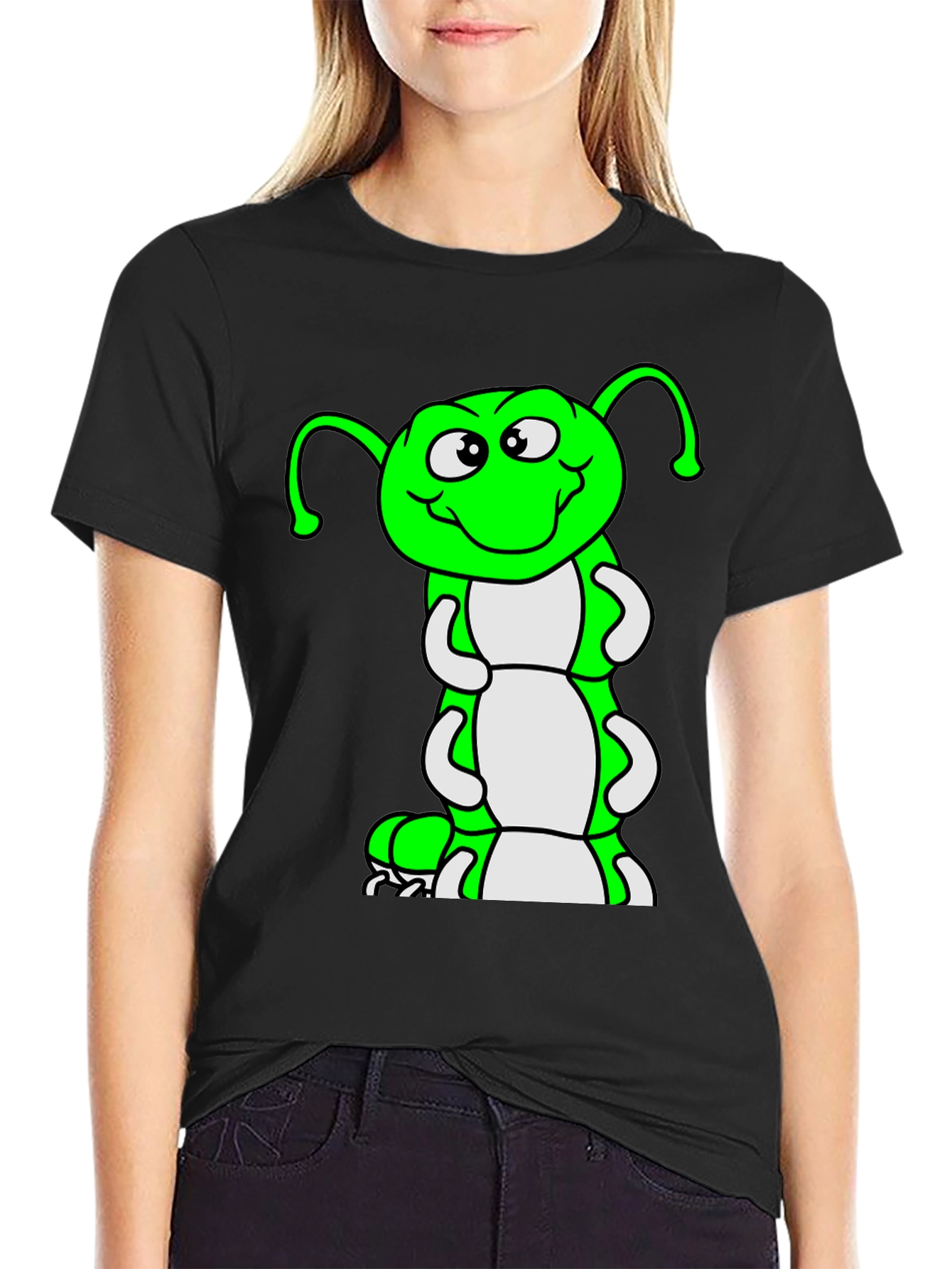 Cartoon Caterpillar Black T-Shirt