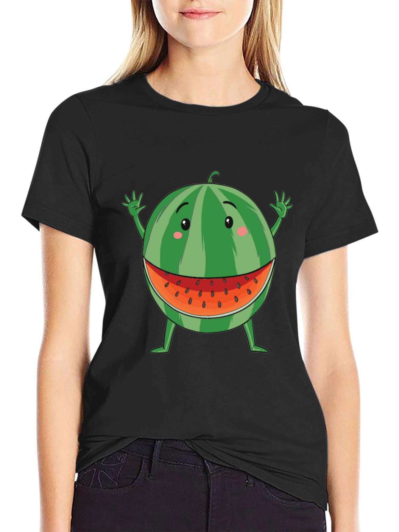 Funny Watermelon Cartoon T-Shirt - Black Cotton Tee