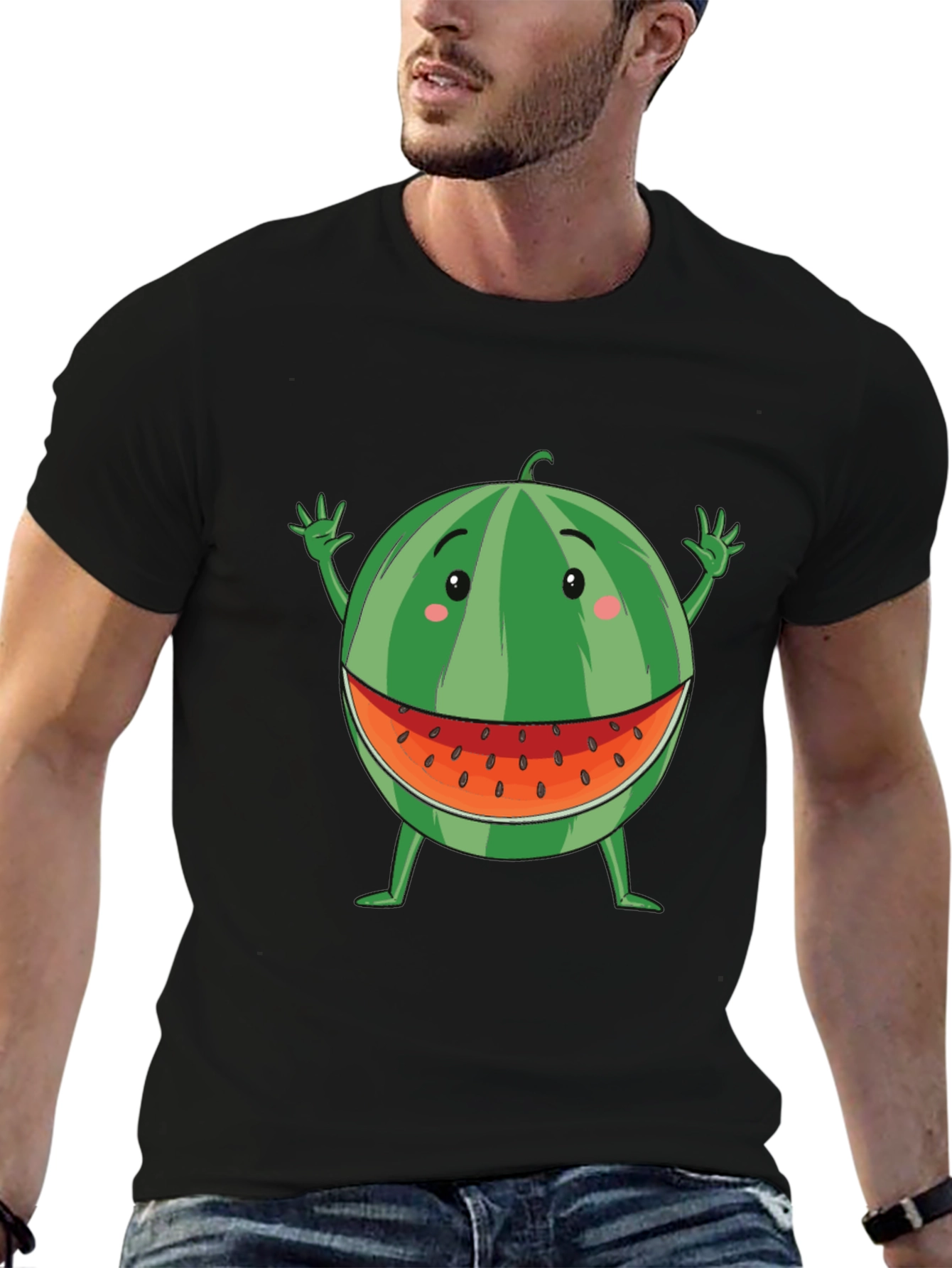 Funny Watermelon Cartoon T-Shirt - Black Cotton Tee