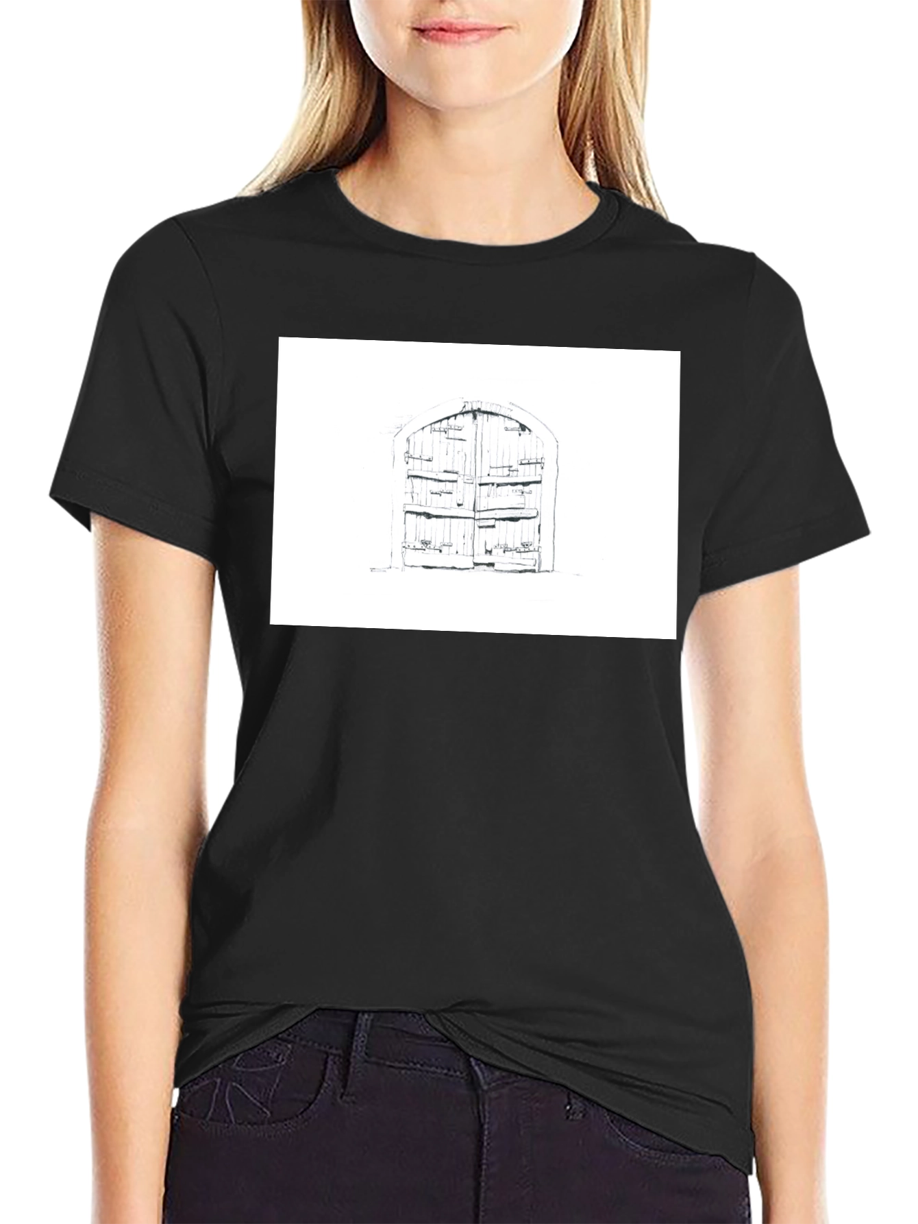 Rustic Door Graphic Tee - Black Cotton T-Shirt