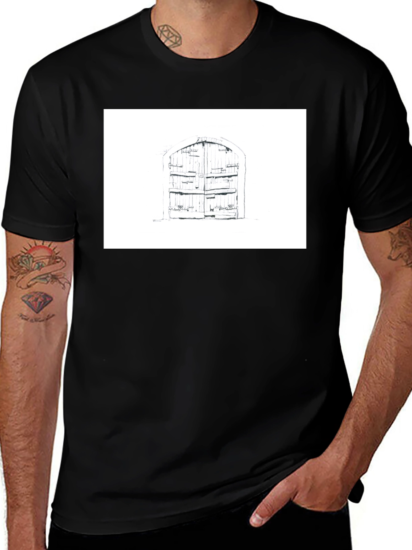 Rustic Door Graphic Tee - Black Cotton T-Shirt
