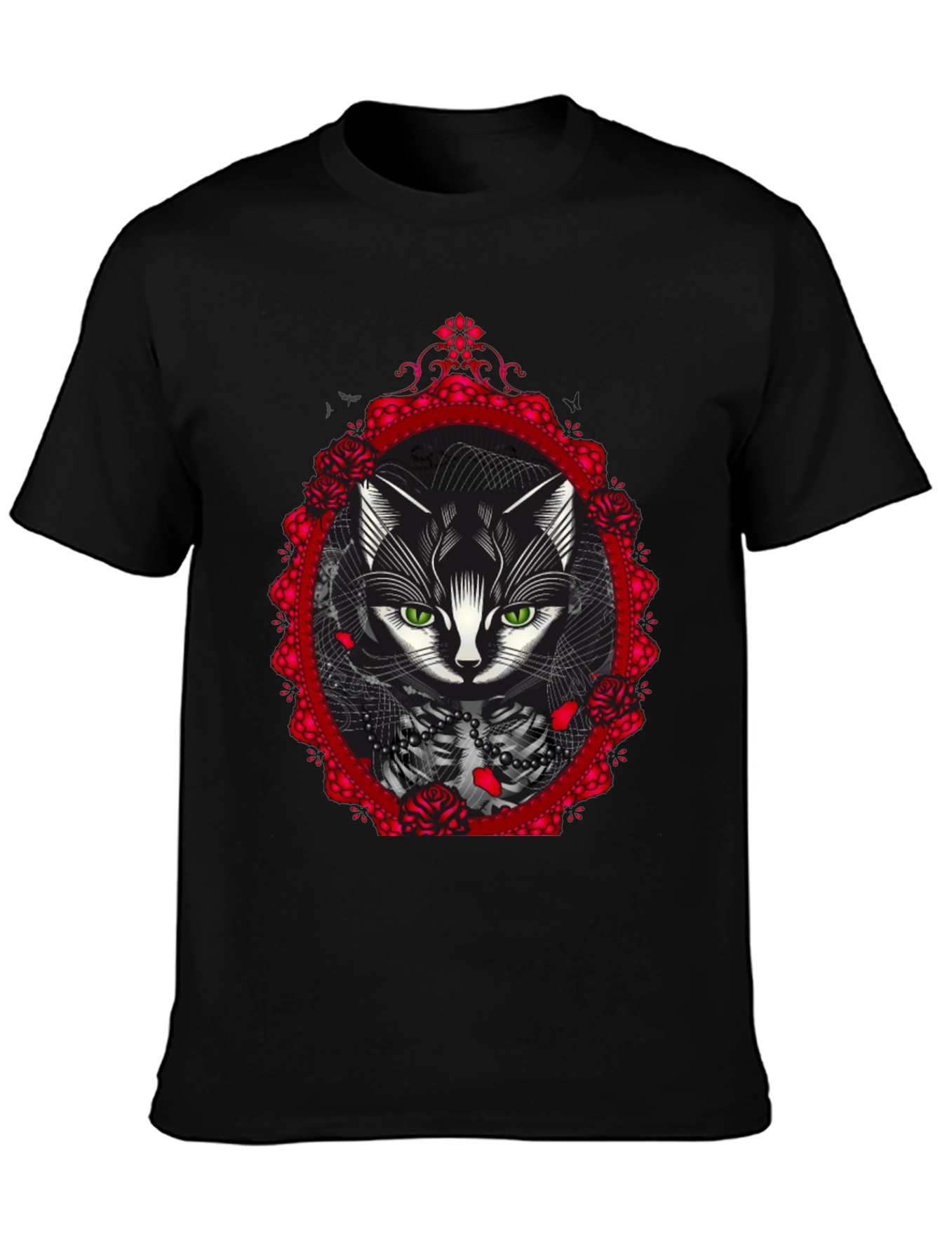 Gothic Cat Rose Frame Black T-Shirt