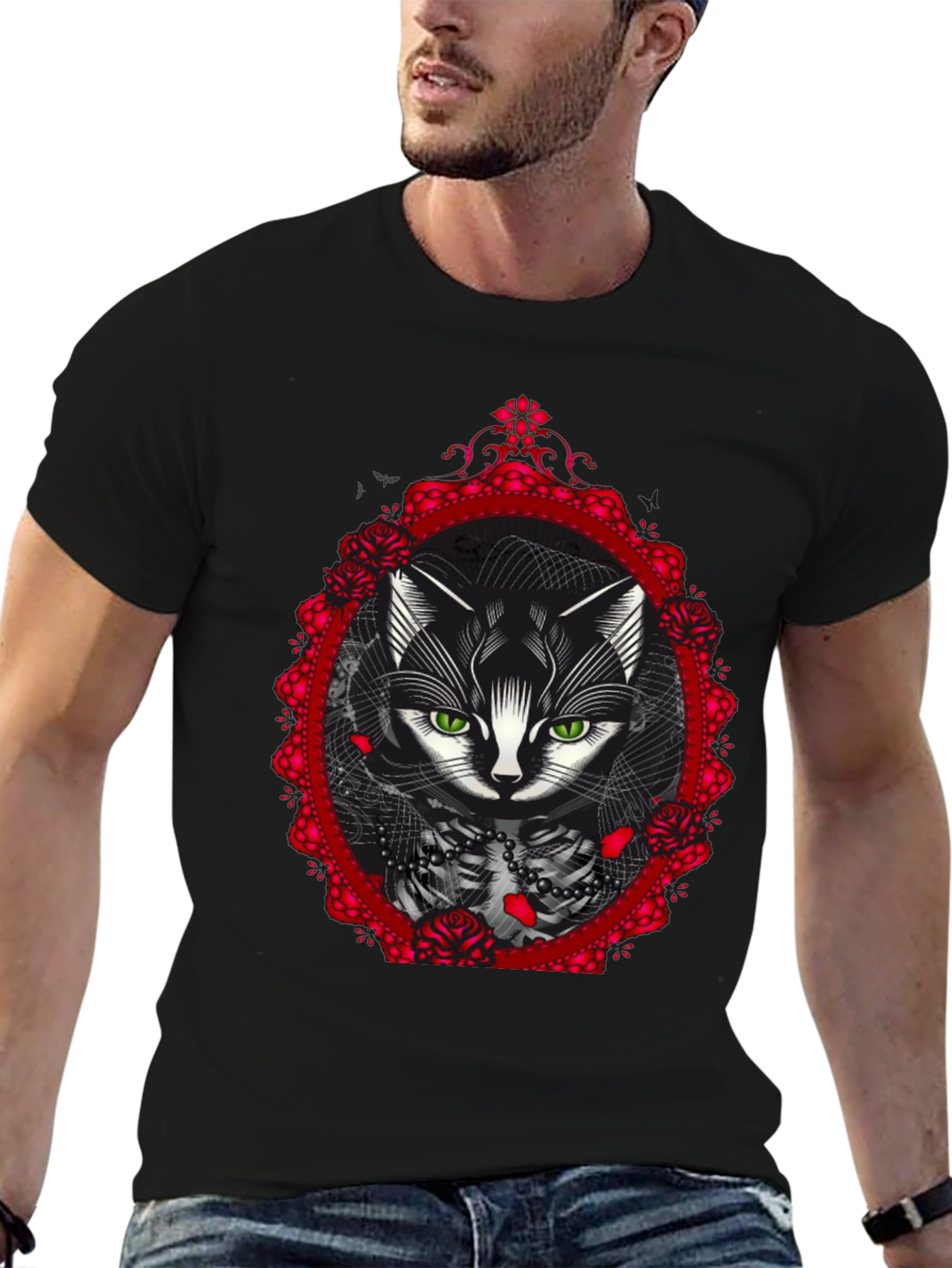 Gothic Cat Rose Frame Black T-Shirt