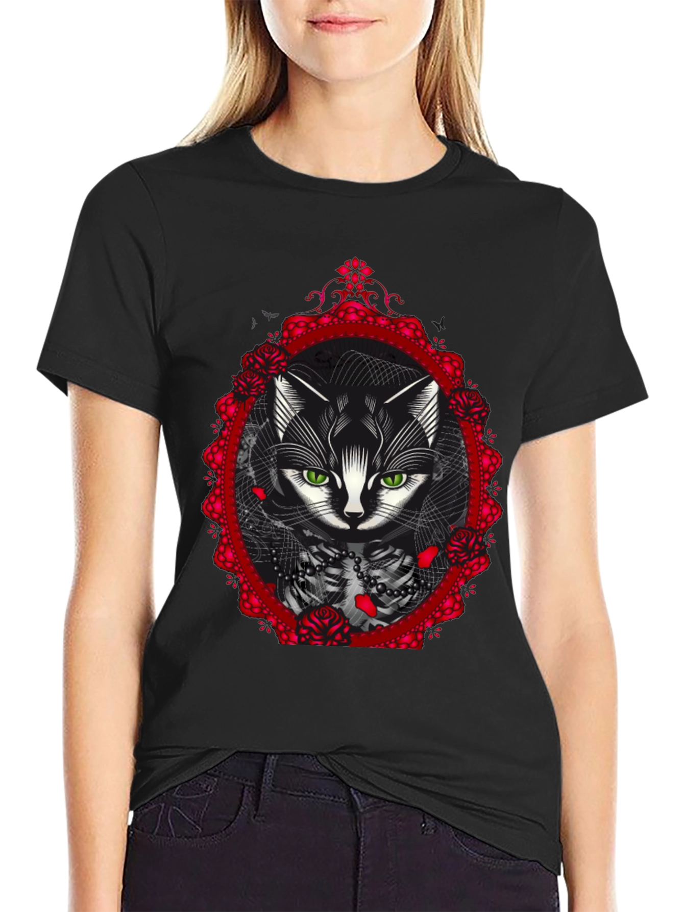 Gothic Cat Rose Frame Black T-Shirt