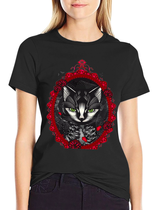 Gothic Cat Rose Frame Black T-Shirt