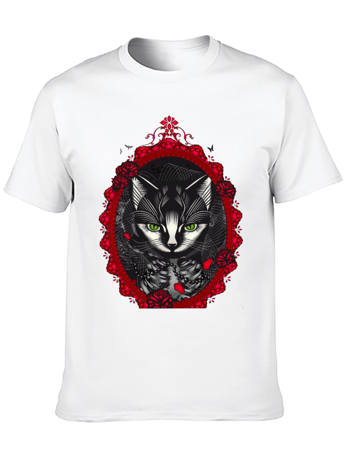 Gothic Cat Rose Frame Black T-Shirt