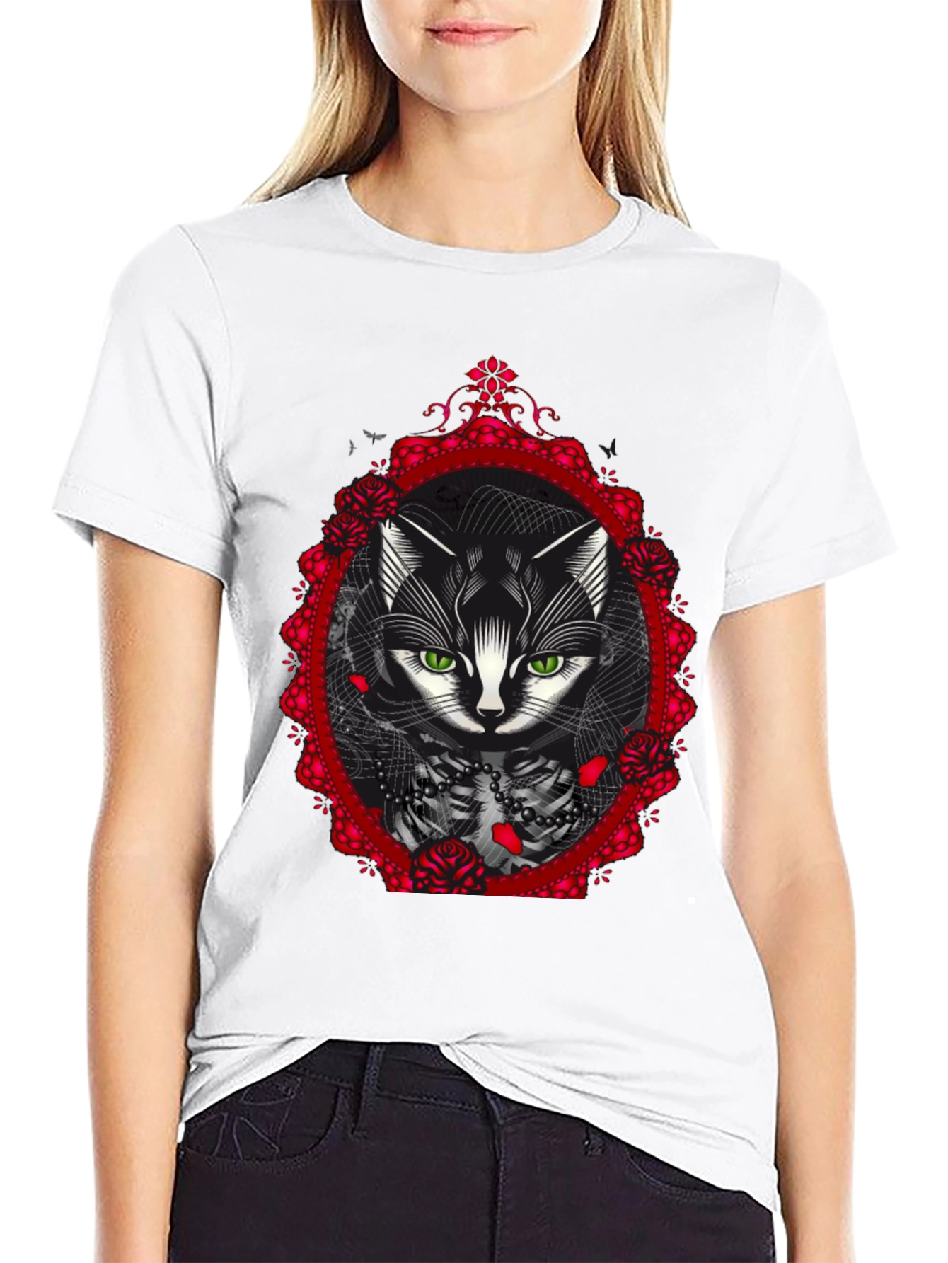 Gothic Cat Rose Frame Black T-Shirt