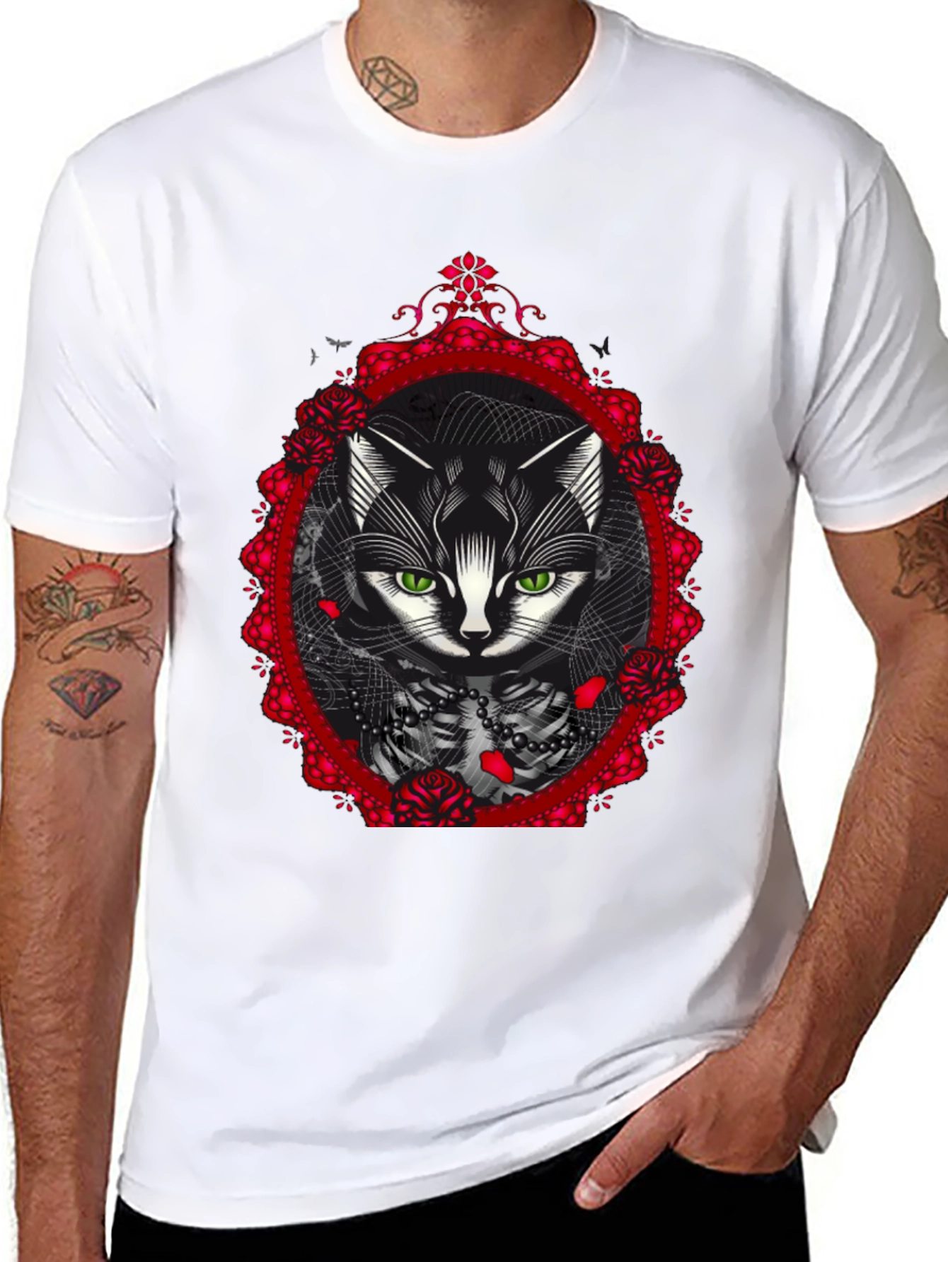 Gothic Cat Rose Frame Black T-Shirt