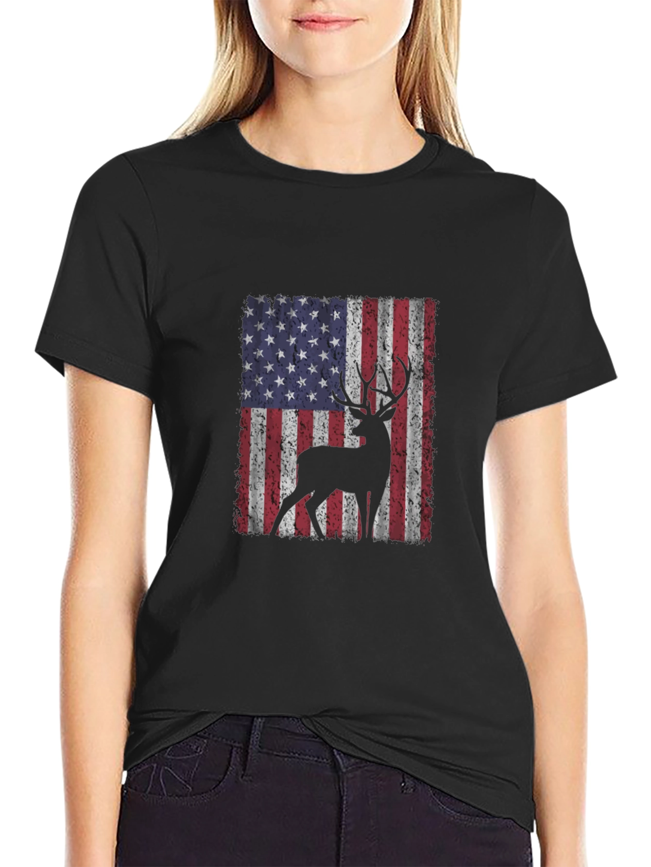 Deer USA Flag T-Shirt Patriotic Hunting