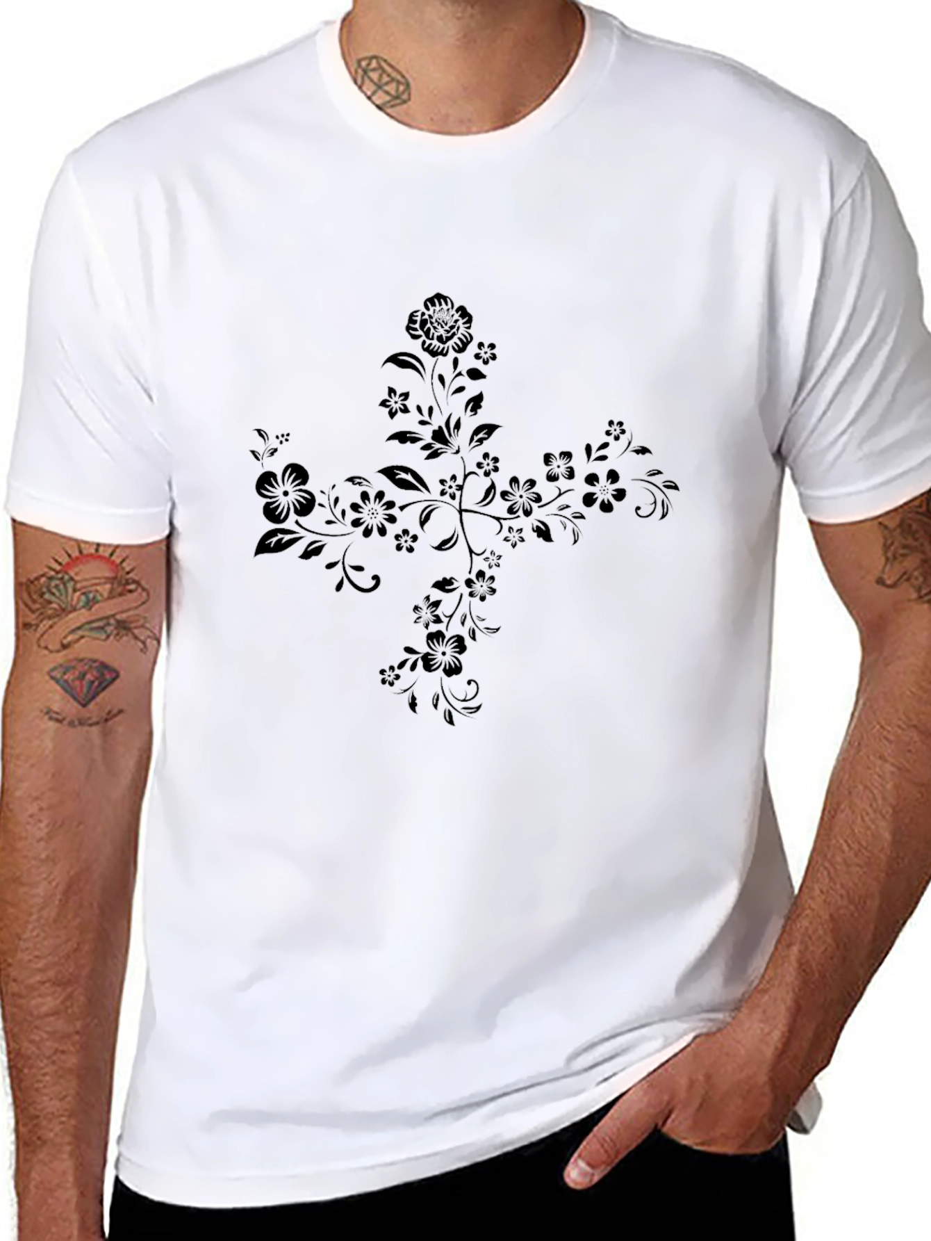 Floral Cross Graphic Tee - Black