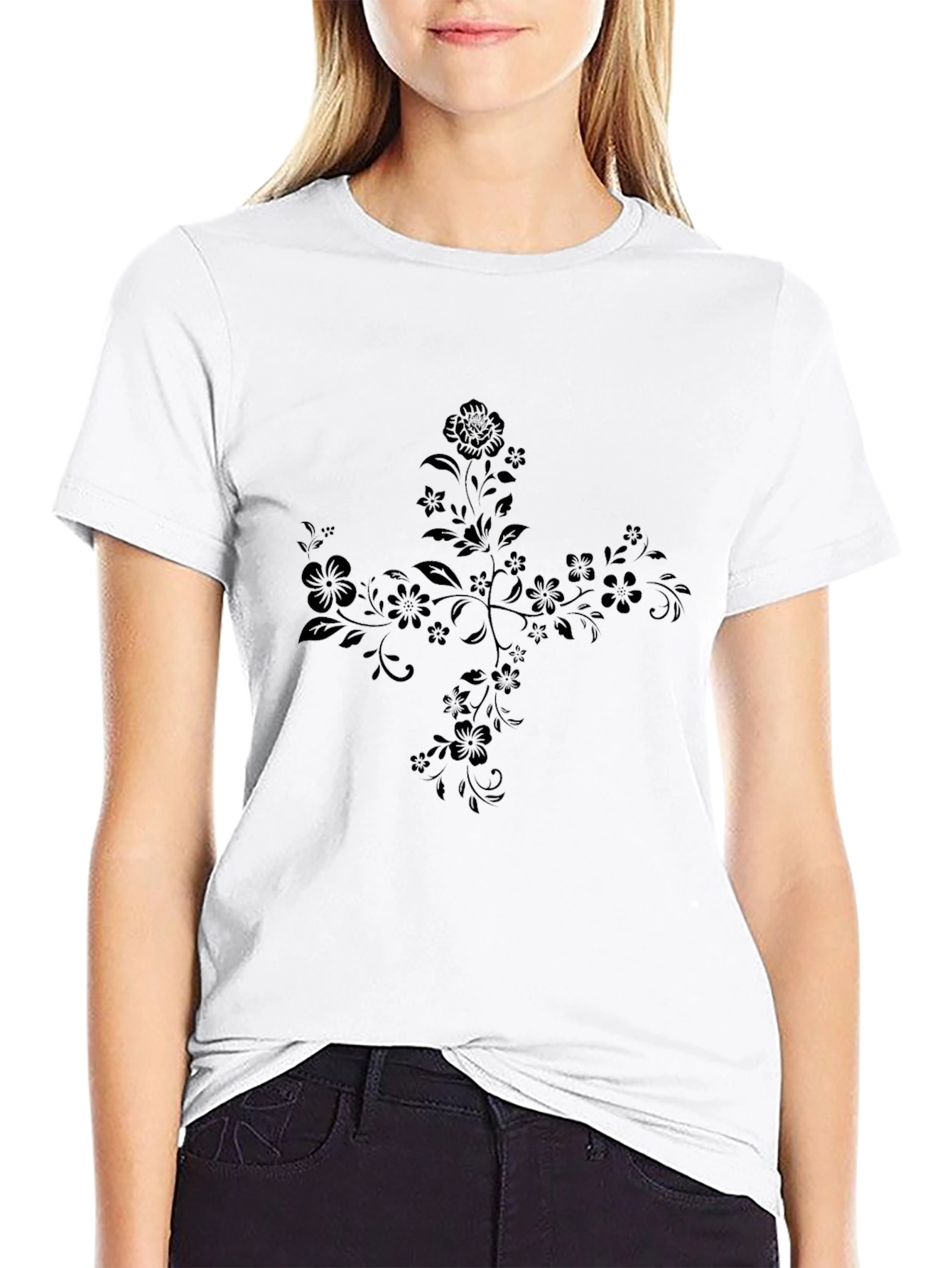 Floral Cross Graphic Tee - Black