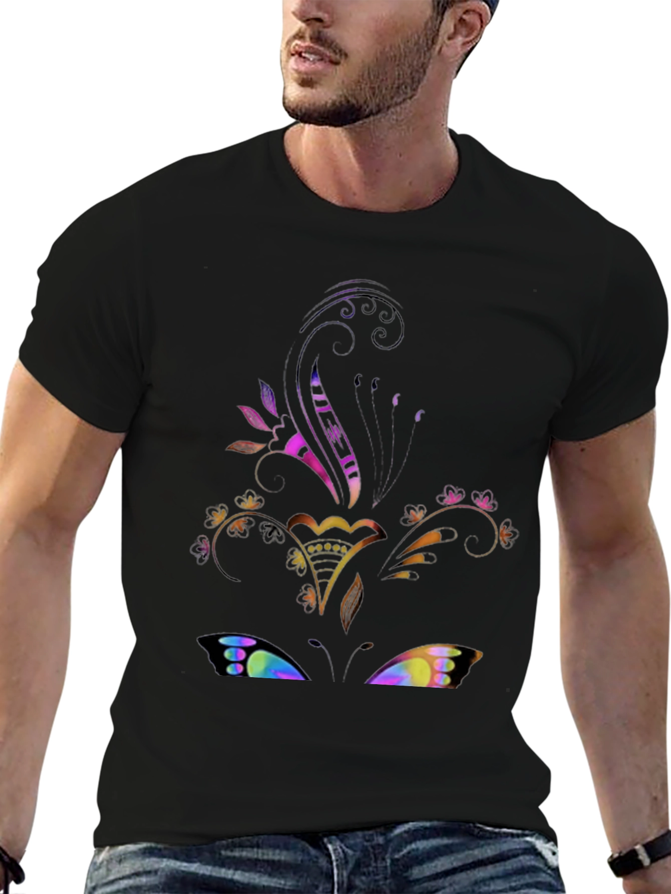 Floral Butterfly Graphic Black Tee