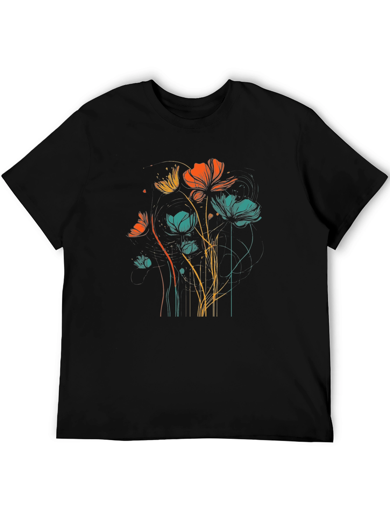Floral Line Art Graphic Black T-Shirt